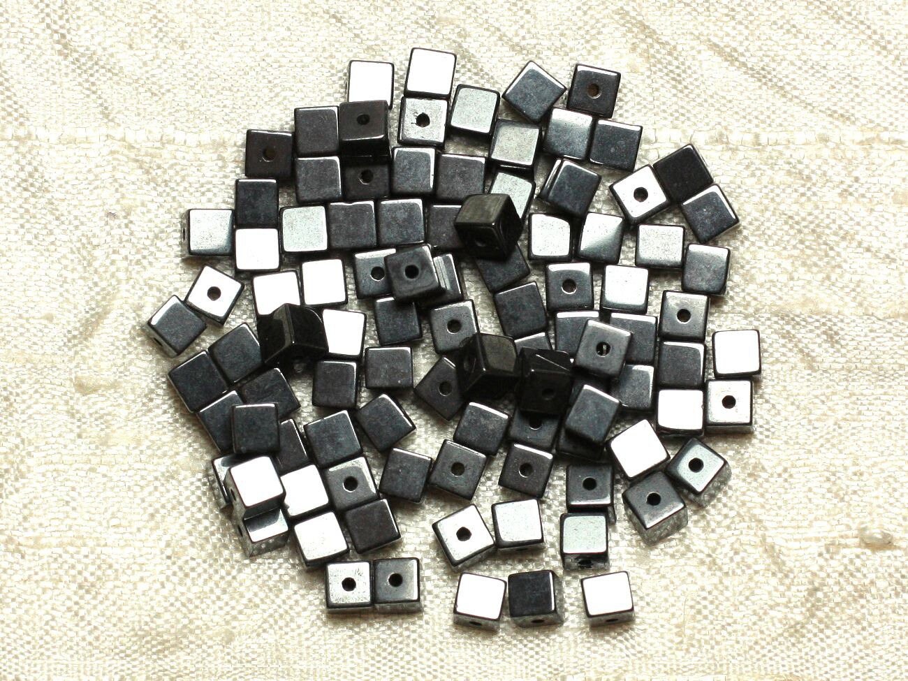 Fil 39cm 95pc Environ - Perles Pierre Hematite Cubes 4mm Metal Gris Noir Argent