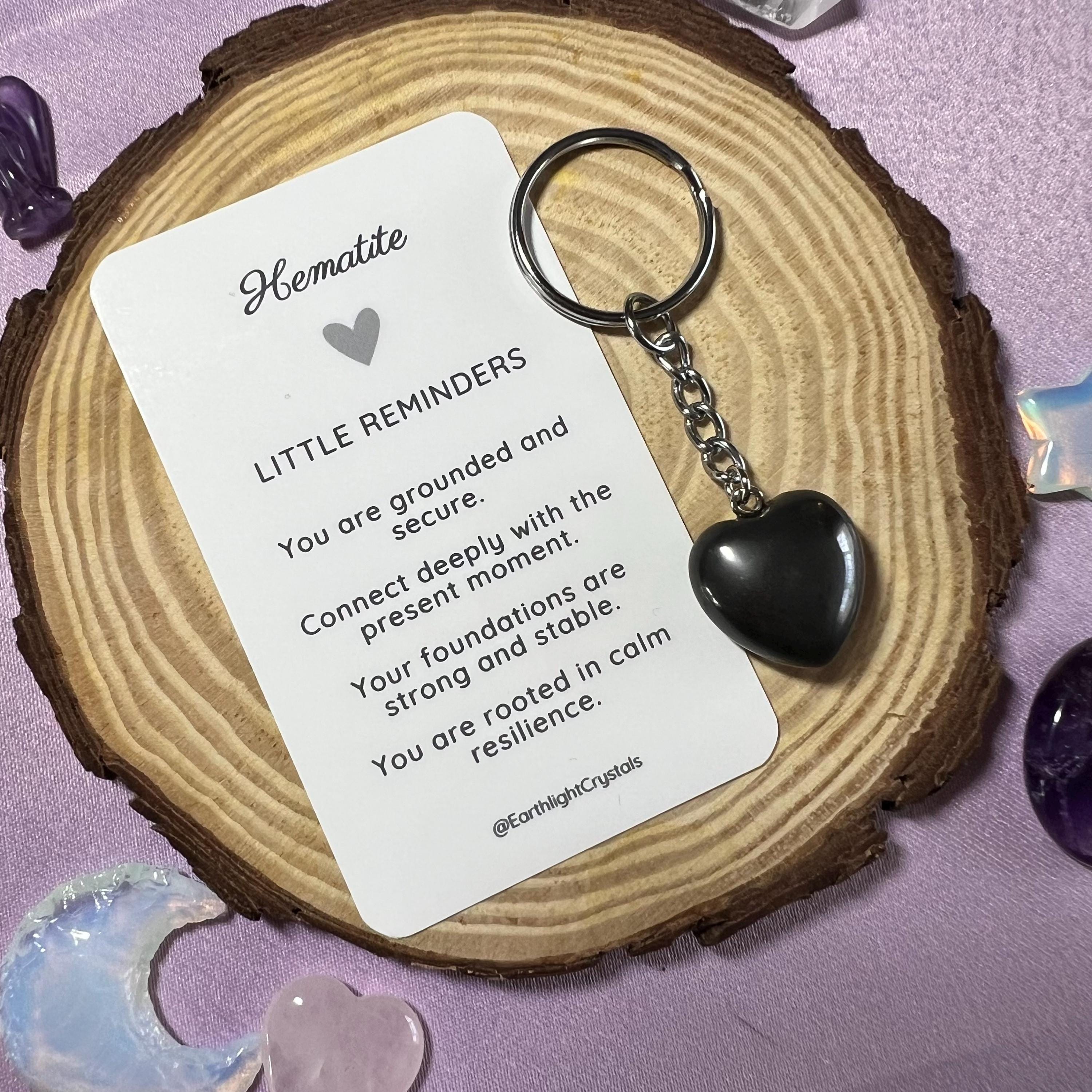 Hematite Heart Crystal Keyring: Crystal Keychain With Affirmation Card