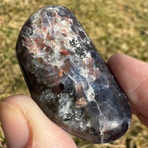Iolite Sunstone Palm Stone: Bloodshot Hematite Pocket Crystal #1