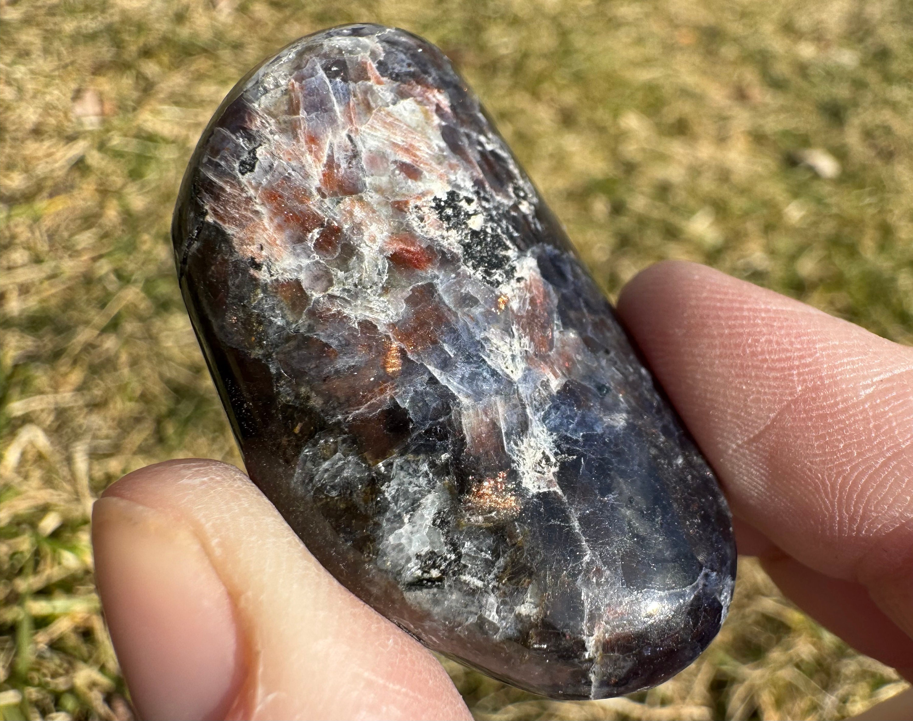 Iolite Sunstone Palm Stone: Bloodshot Hematite Pocket Crystal #1