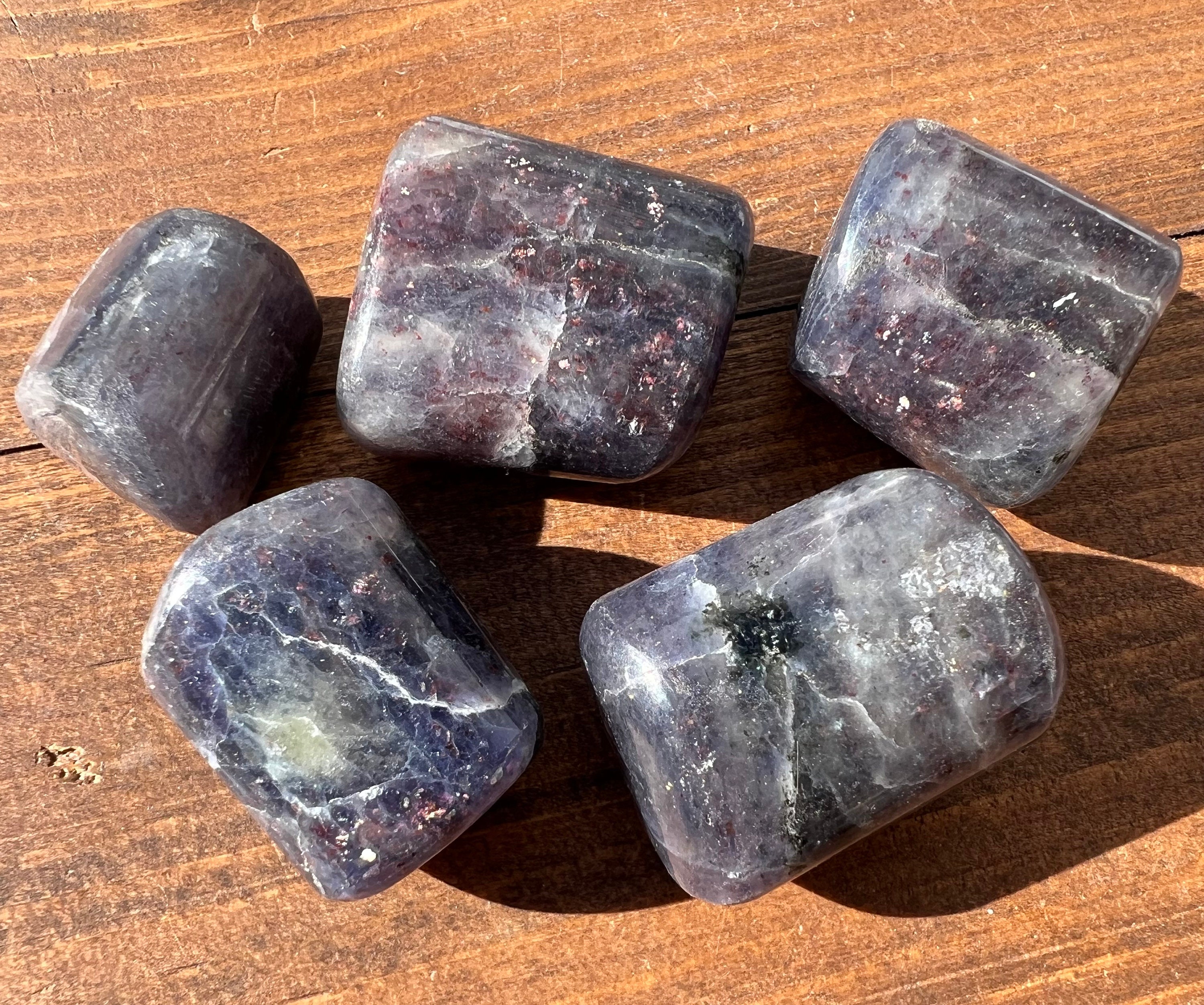 1/4 Lb Tumbled Bloodshot Iolite Sunstone Crystals, Small Polished Stones With Confetti Sunstone, Sparkly Hematite