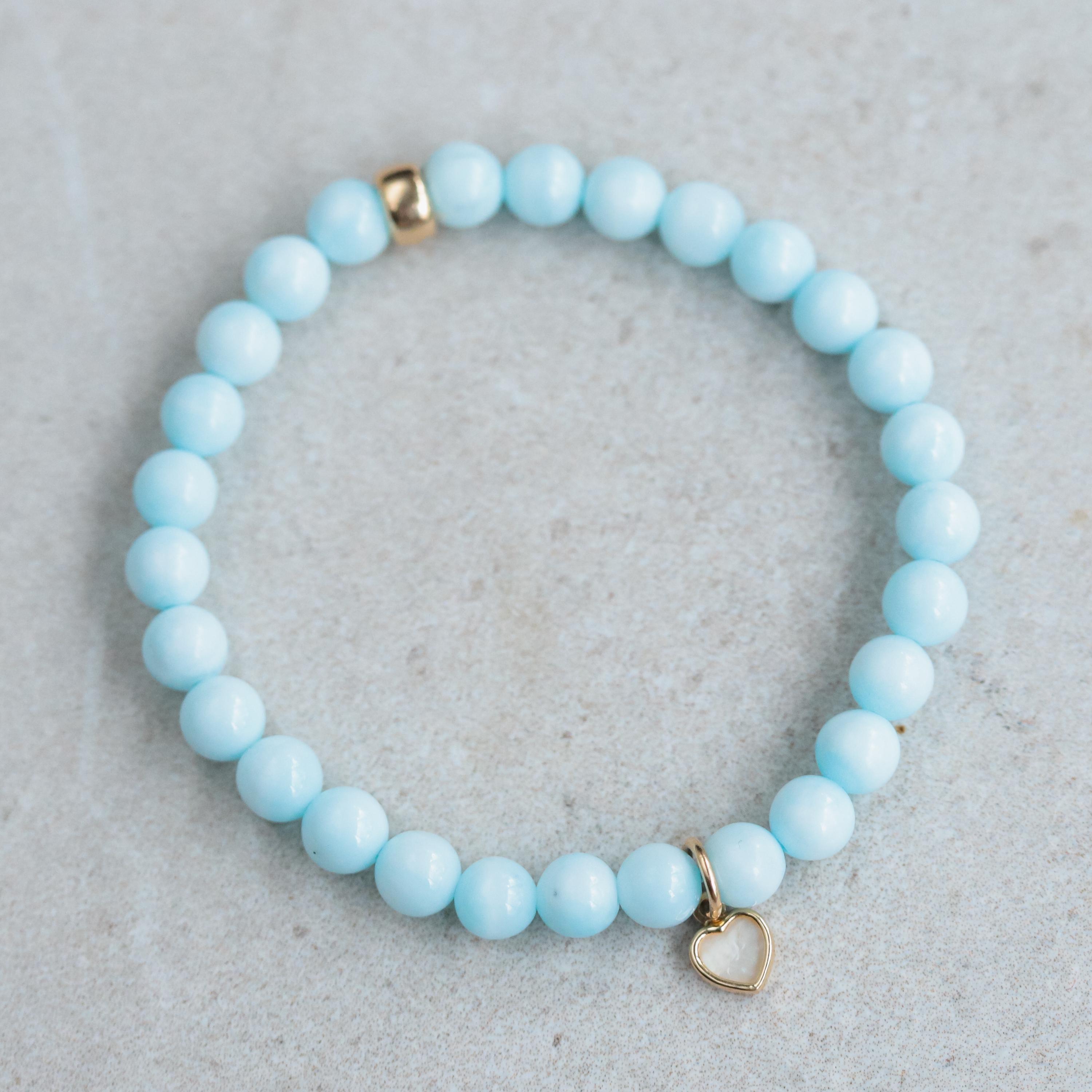 14k Gold Hemimorphite + Mother Of Pearl Bracelet-6mm Smooth Round Bracelet [ebhm1100], Hemimorphite Beads-real Hemimorphite - Hemimorphite