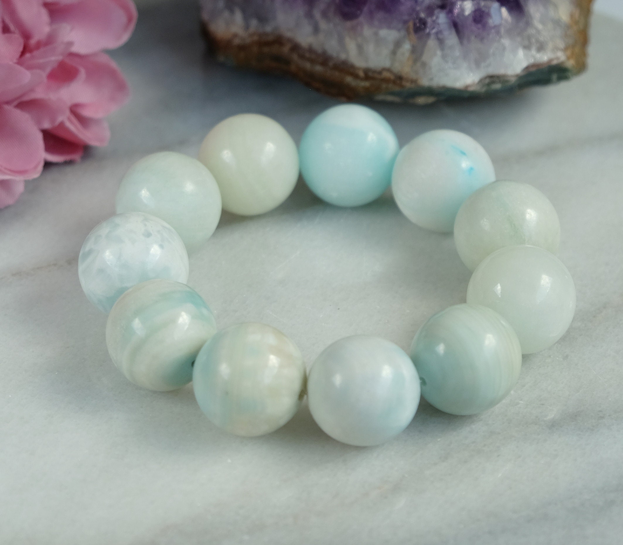 18, 20mm Hemimorphite Natural, Untreated Stretch Beaded Bracelet Balances Aura, Encourages Compassion, Communication, Uplifting