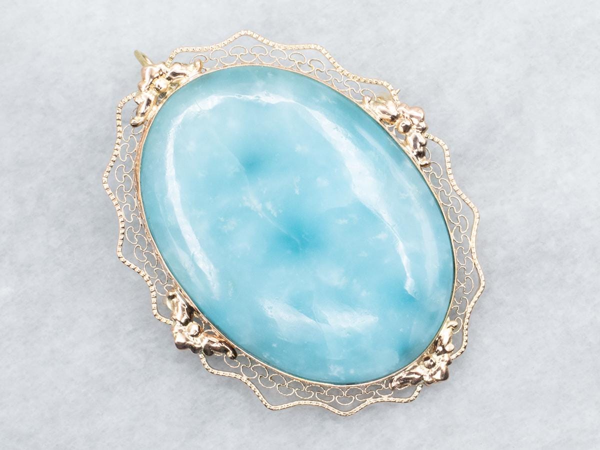 14k Yellow Gold Hemimorphite Brooch Pendant, 39.60 Carats