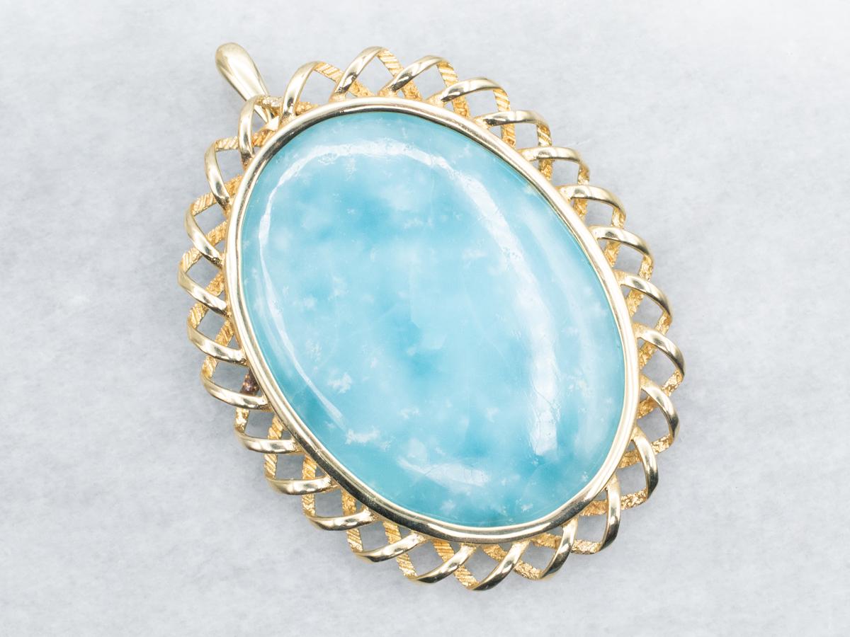 14k Yellow Gold Hemimorphite Pendant, Twisted Frame, 50.50 Carats