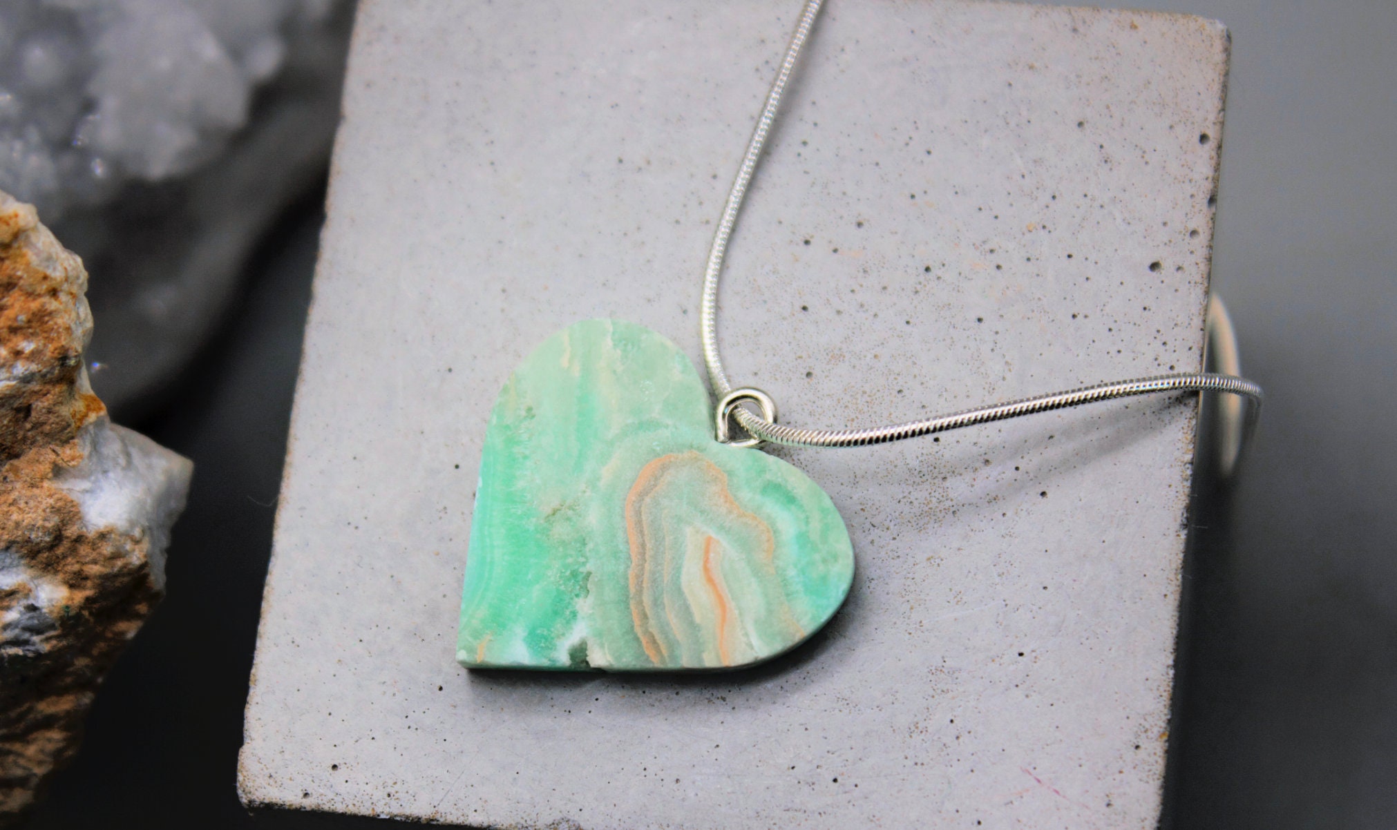 Hemimorphite Heart Pendant: Blue Crystal Necklace, Silver Plated Chain