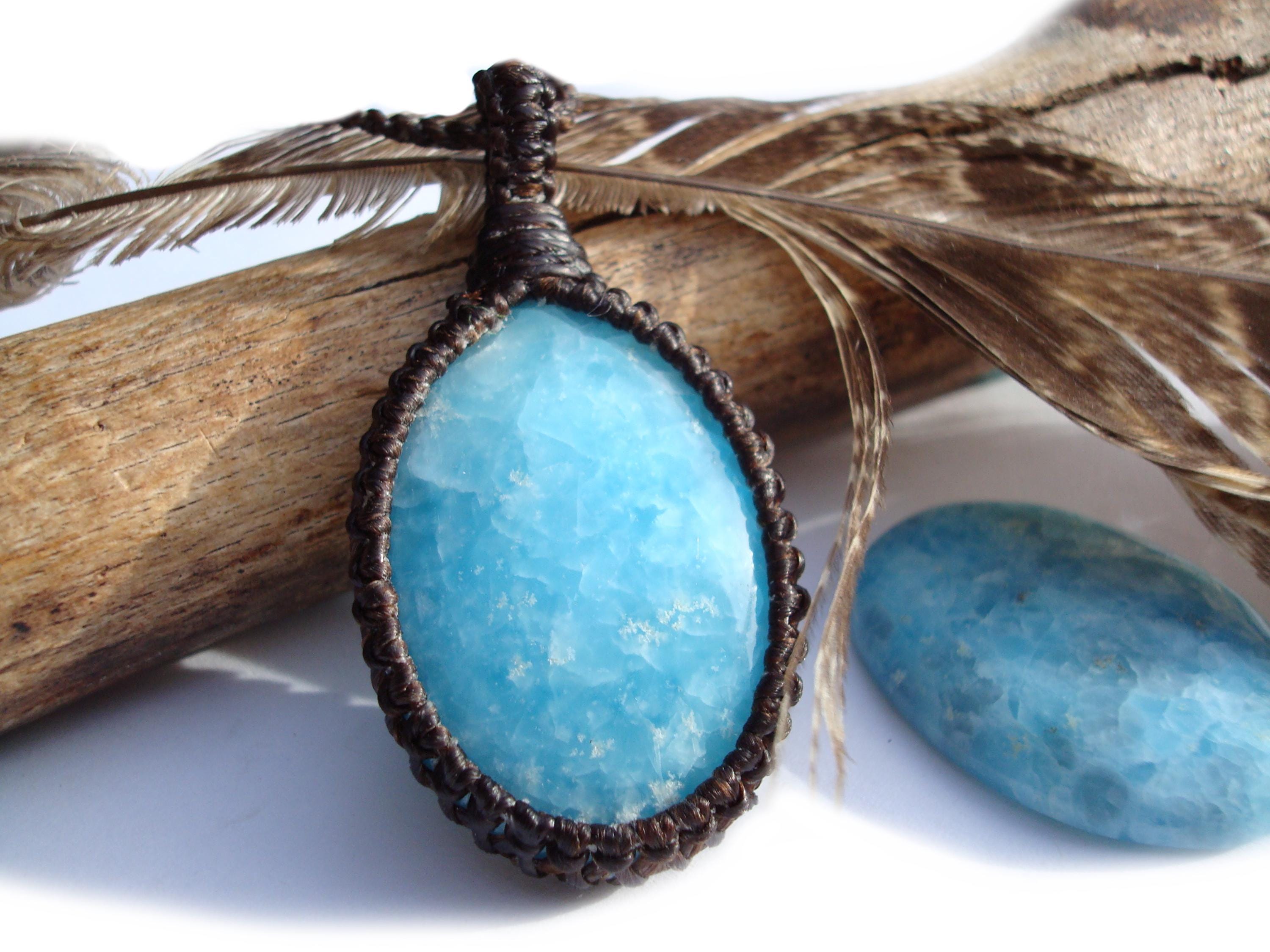 Hemimorphite Macrame Necklace: Throat Chakra Necklace, Sky Blue Gemstone Pendant, Vibration Jewelry