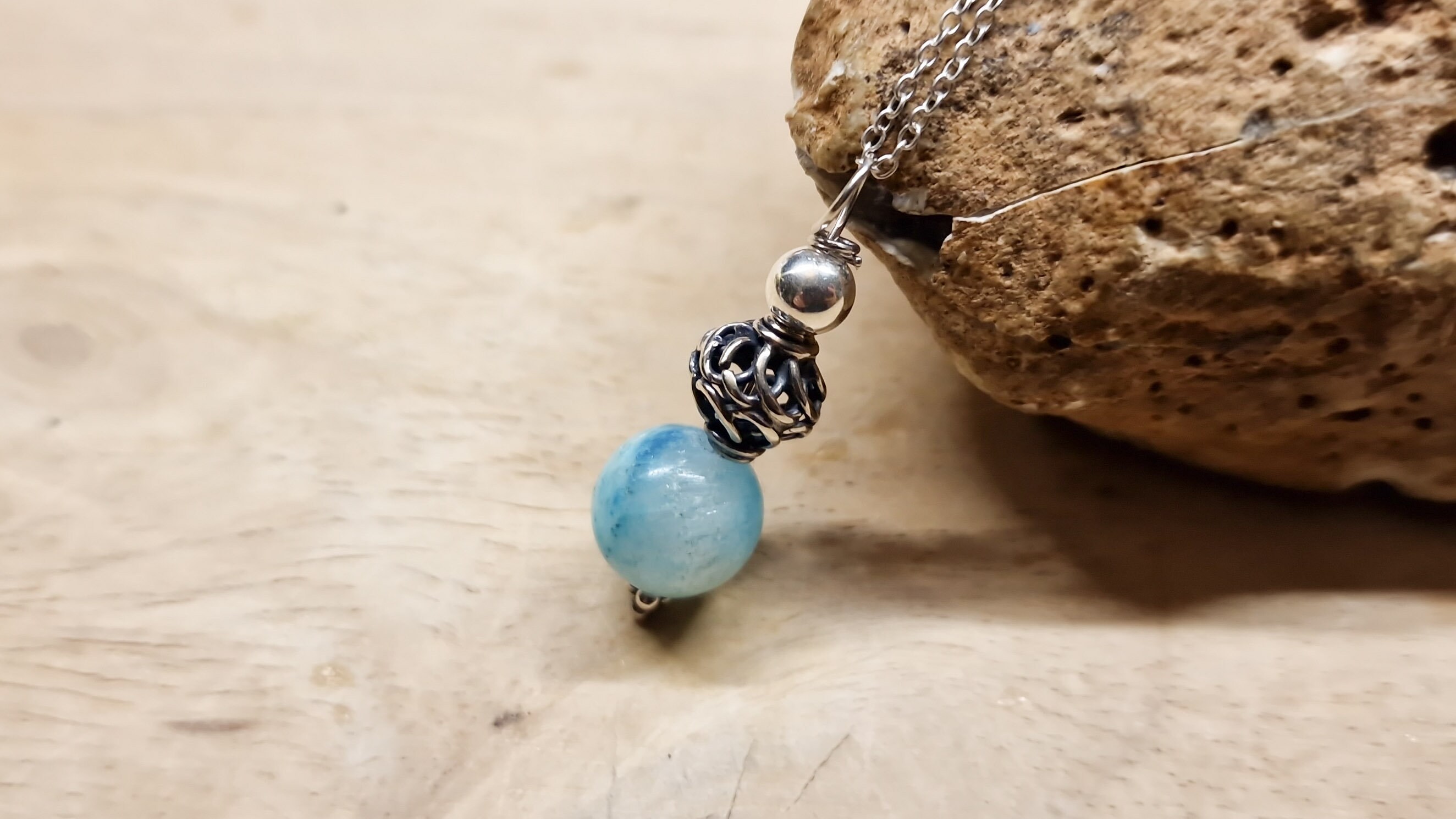Small Rare Hemimorphite Pendant. Crystal Reiki Jewelry Uk. Small Blue Bali Silver Bead Necklace. 10mm Stone. Necklaces For Women