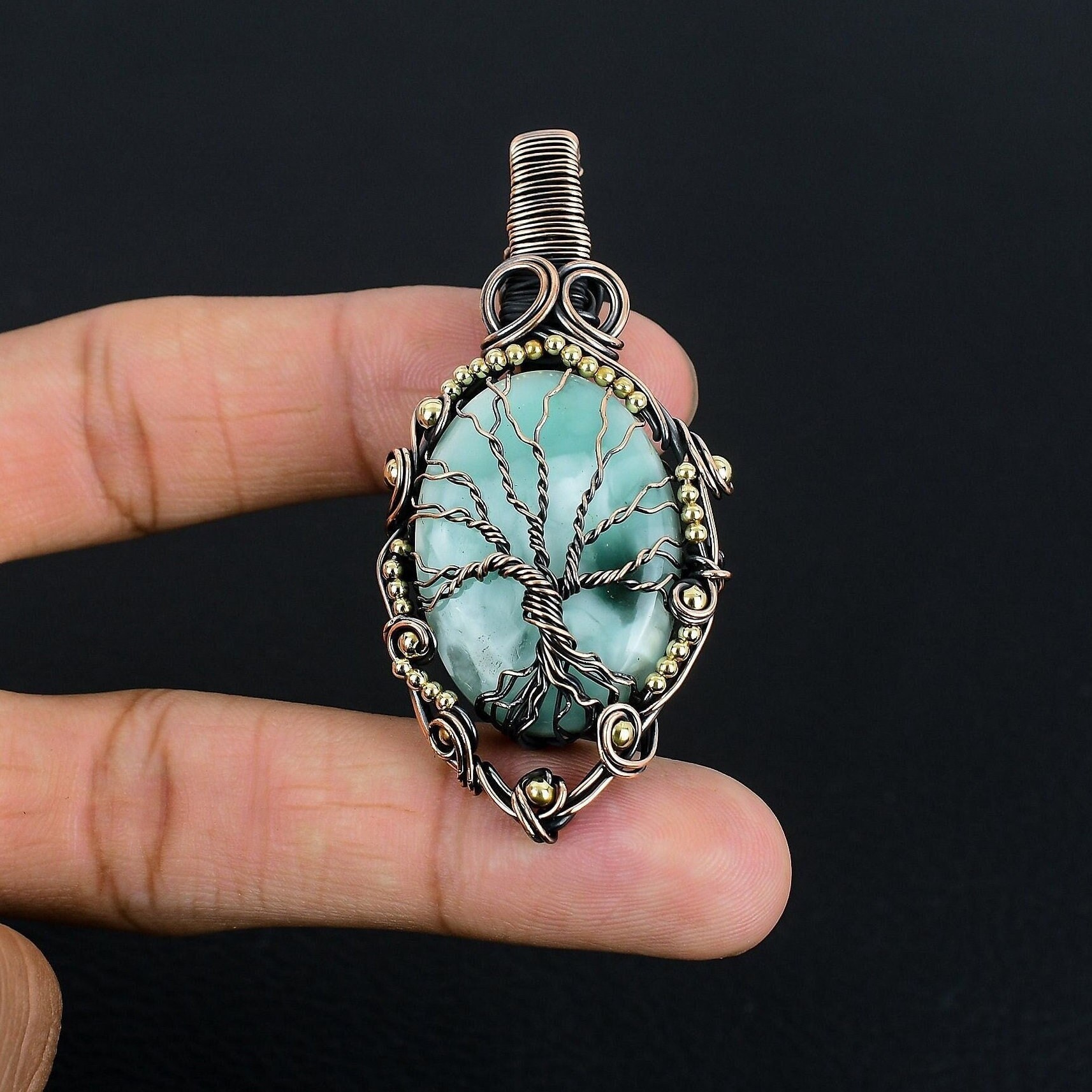 Hemimorphite Tree Of Life Pendant, Natural Hemimorphite Copper Wire Wrapped Pendant Necklace, Gemstone Handmade Jewelry Gifts For Her/him