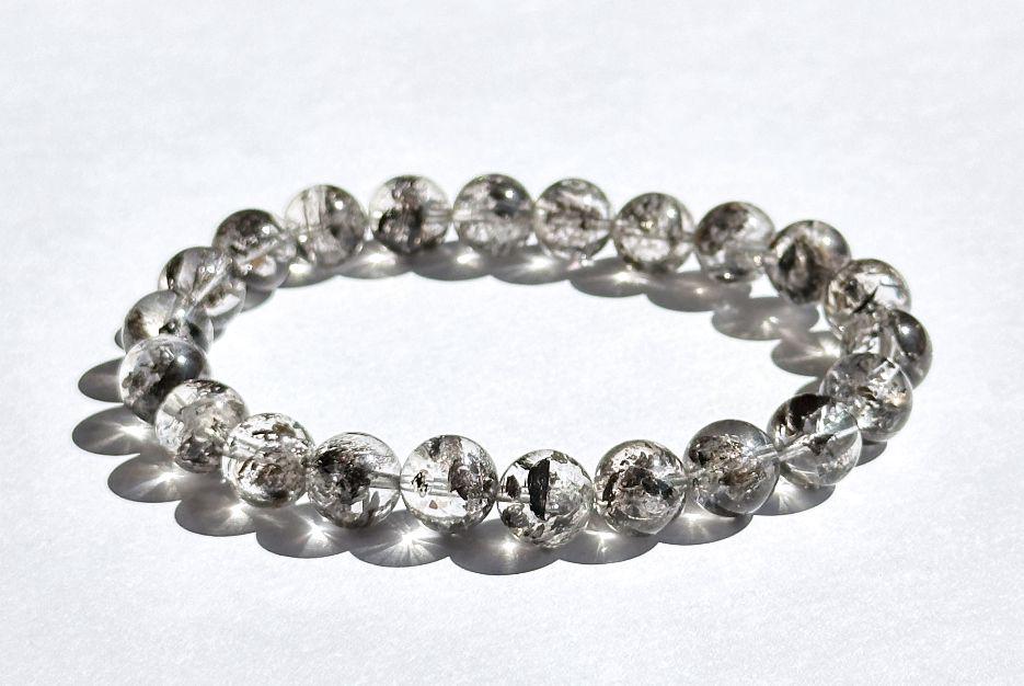 8.7mm, Certified Natural High Grade Herkimer Diamond Round Beads Bracelet, Herkimer Diamond Bracelet, 天然最高级近无棉纯净体大闪片闪灵钻圆珠手串