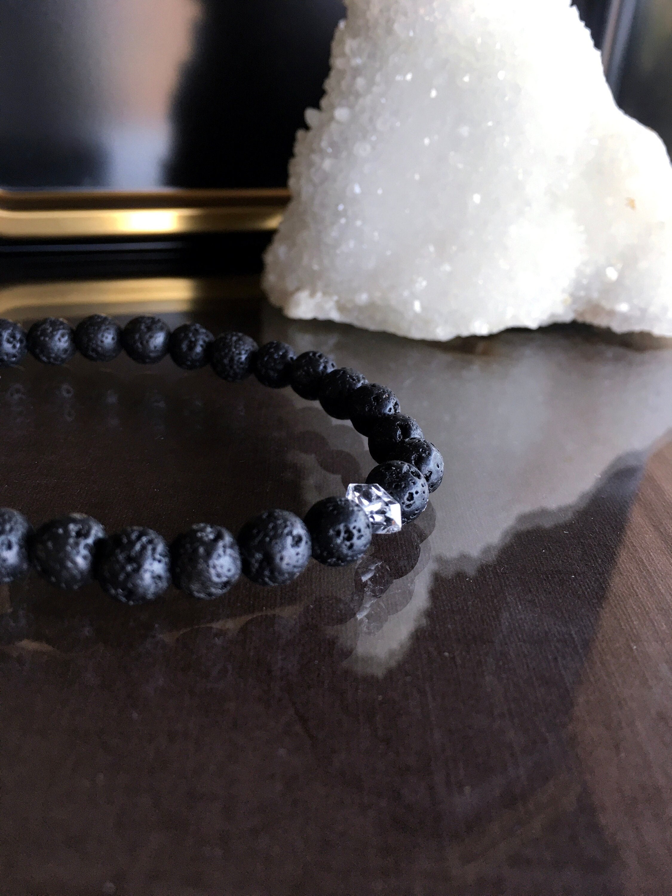 Black Lava Bracelet With Herkimer Diamond (6mm/7mm)