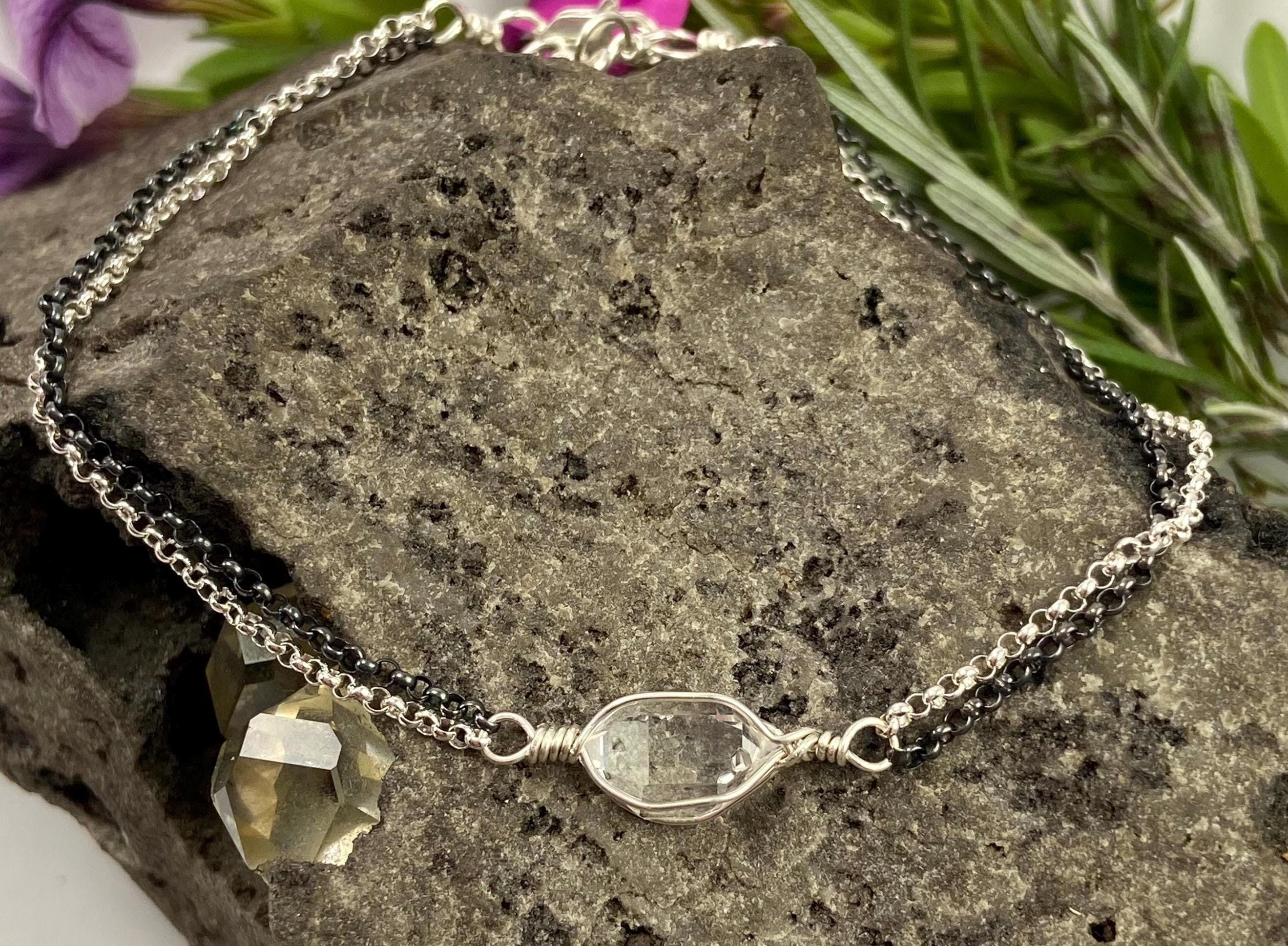 Herkimer Diamond & Clear Quartz Bracelet: Two-tone Sterling Silver Chain