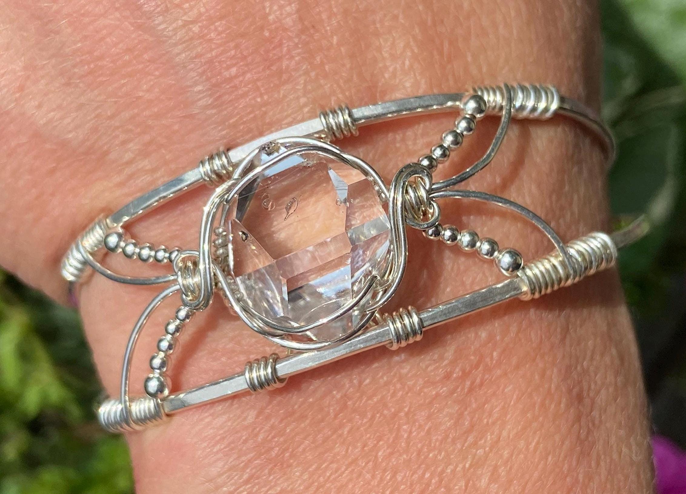 Herkimer Diamond Bracelet Genuine Clear Ny Quartz Crystal Wire Wrapped Cuff Bracelet 6.5” Adjustable Sterling Silver Unique Handmade Jewelry