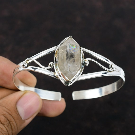 Handmade Herkimer Diamond Bangle: 925 Sterling Silver Adjustable Cuff