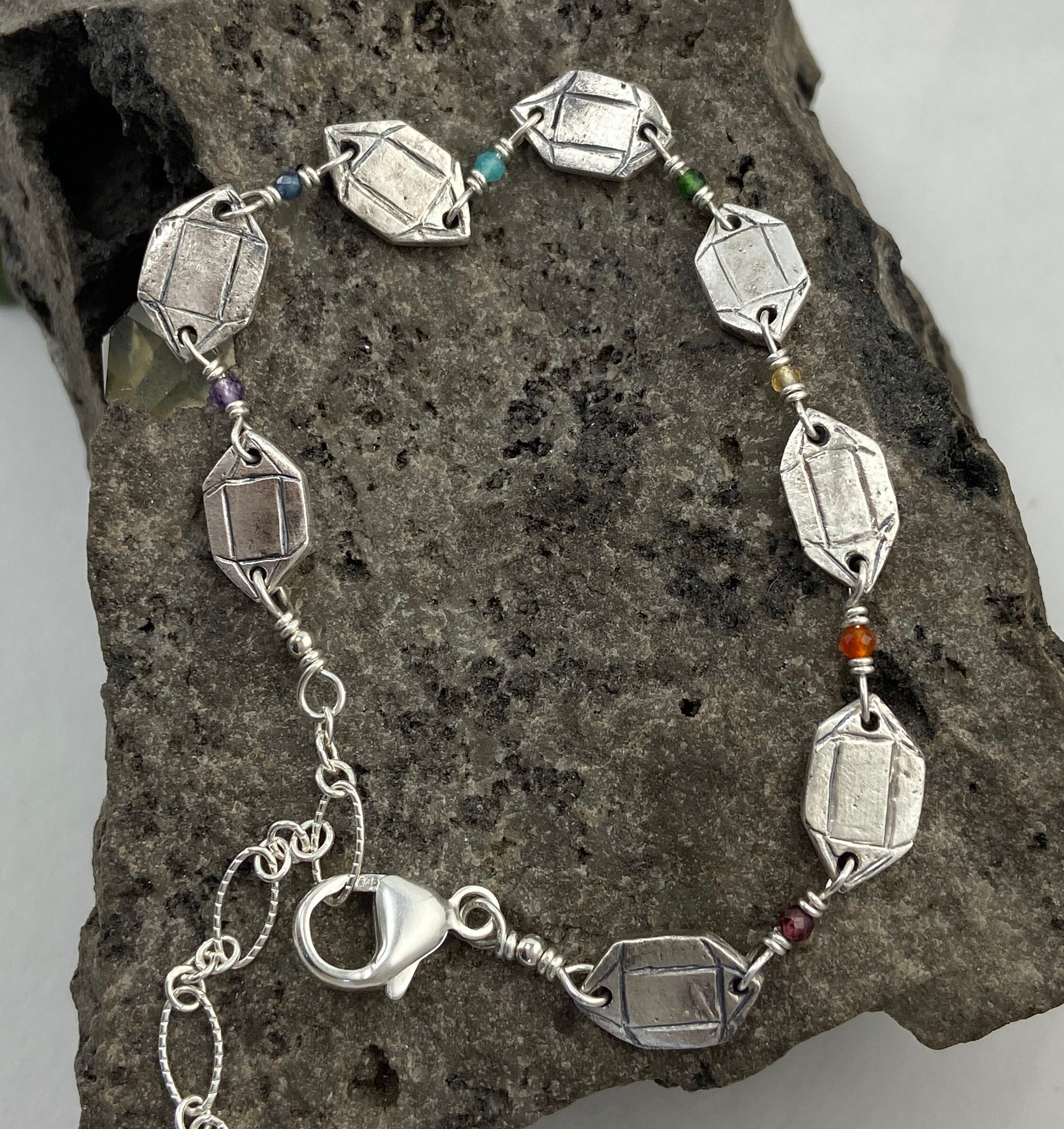 Handmade Ny Herkimer Diamond Crystal & Rainbow Chakra Fine Silver Bracelet Handmade Ny Herkimer Diamond Crystal & Rainbow Chakra Fine Silver Bracelet