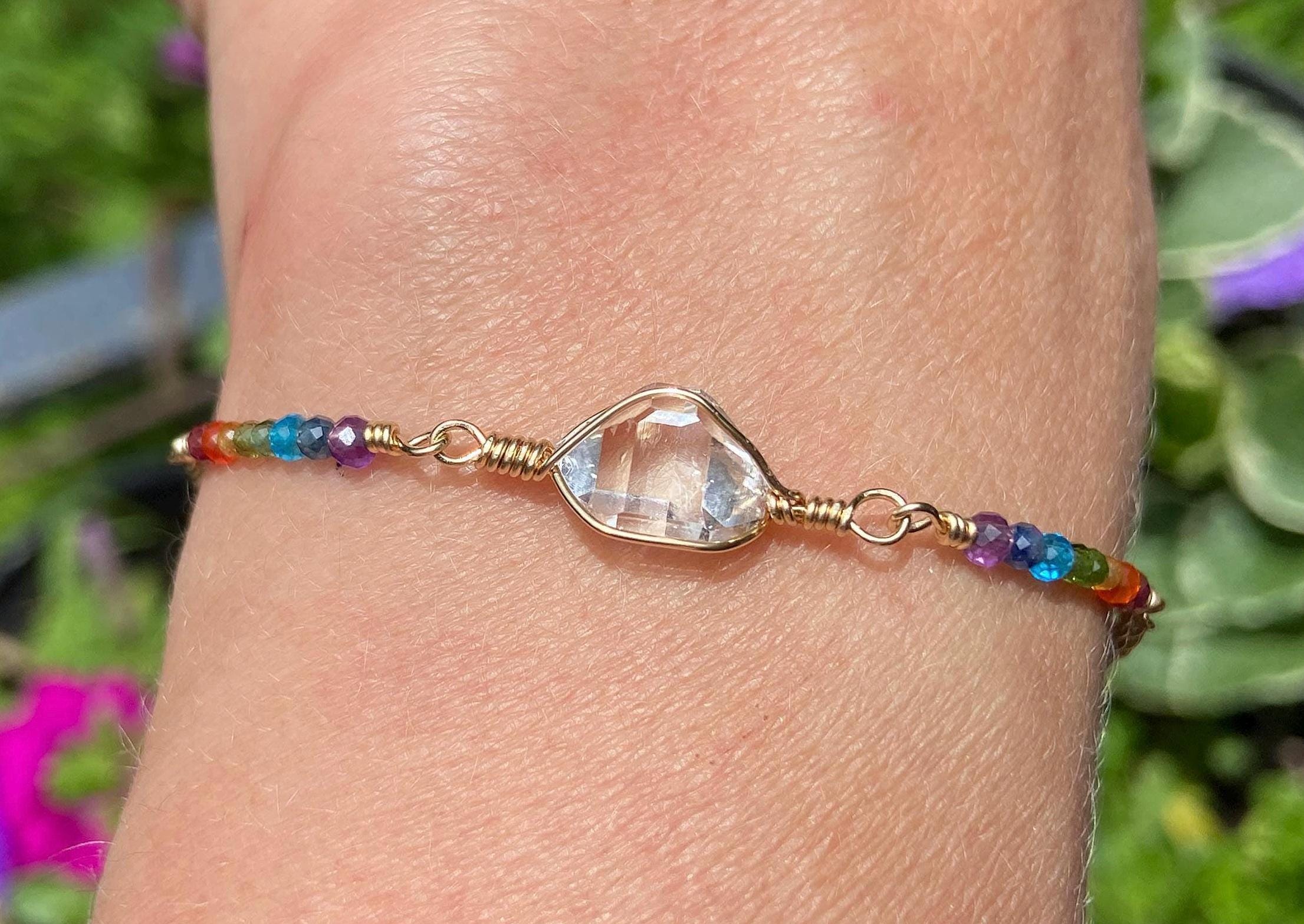 Ny Herkimer Diamond Chakra Bracelet: 14k Gold Fill Rainbow Gemstone Beads Ny Herkimer Diamond Chakra Bracelet: 14k Gold Fill Rainbow Gemstone Beads