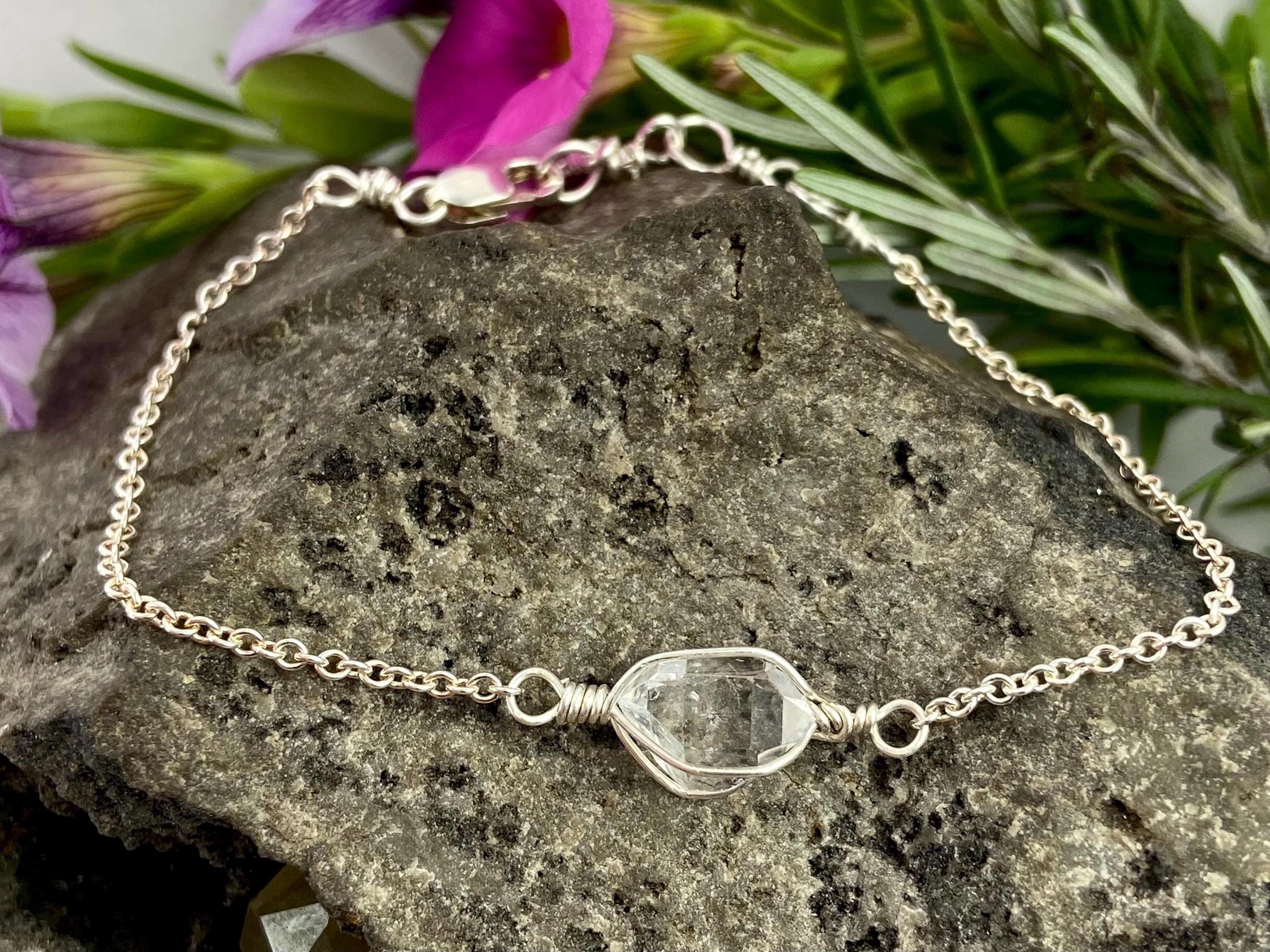Ny Herkimer Diamond Quartz Crystal Bracelet: Sterling Silver, Adjustable Chain