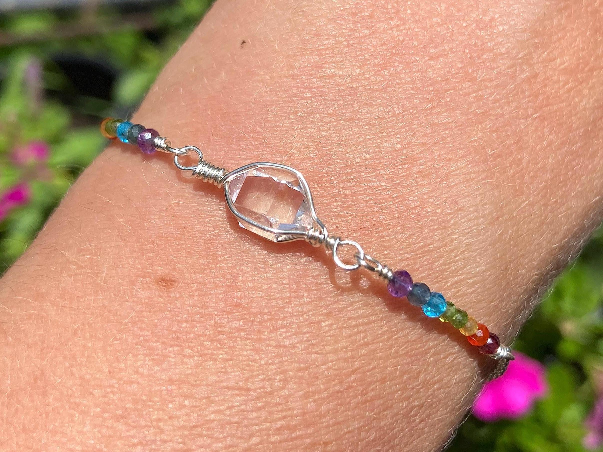 Herkimer Diamond Quartz Crystal Chakra Bracelet: Sterling Silver Rainbow Gemstones