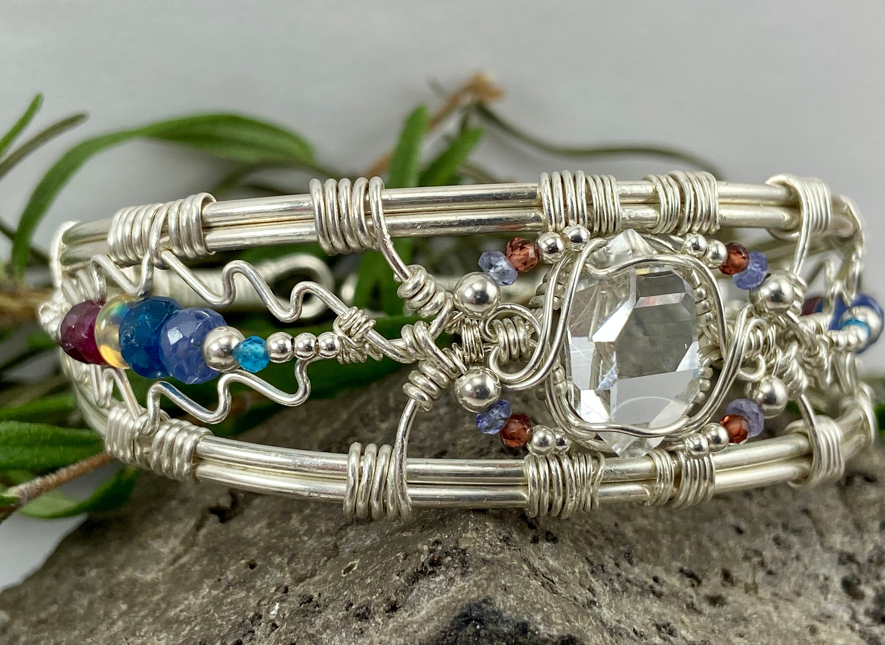 Herkimer Diamond Quartz & Gemstone Sterling Silver Cuff Bracelet