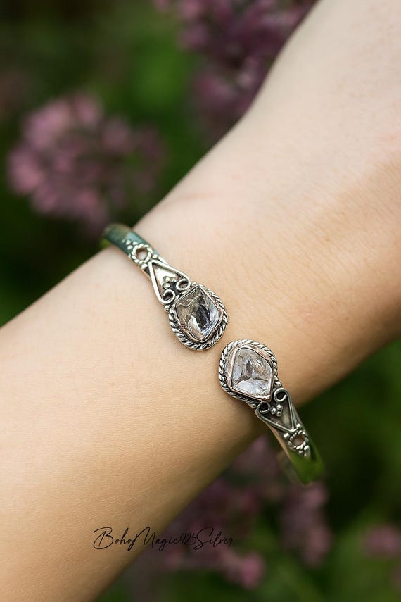 Raw Herkimer Diamond Bangle Bracelet Jewelry, 925 Sterling Silver Crystal Bracelet, Wedding Gift Item