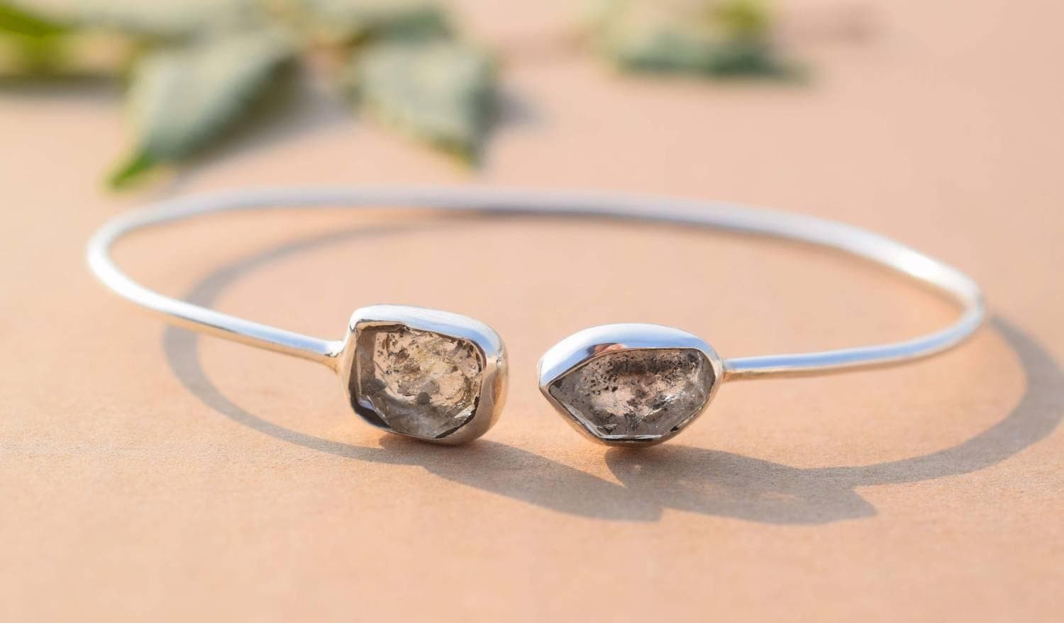 Raw Herkimer Diamond Quartz Bracelet In 925 Sterling Silver | Dainty Rough Crystal Cuff | Natural Gemstone Bangle Gift For Her