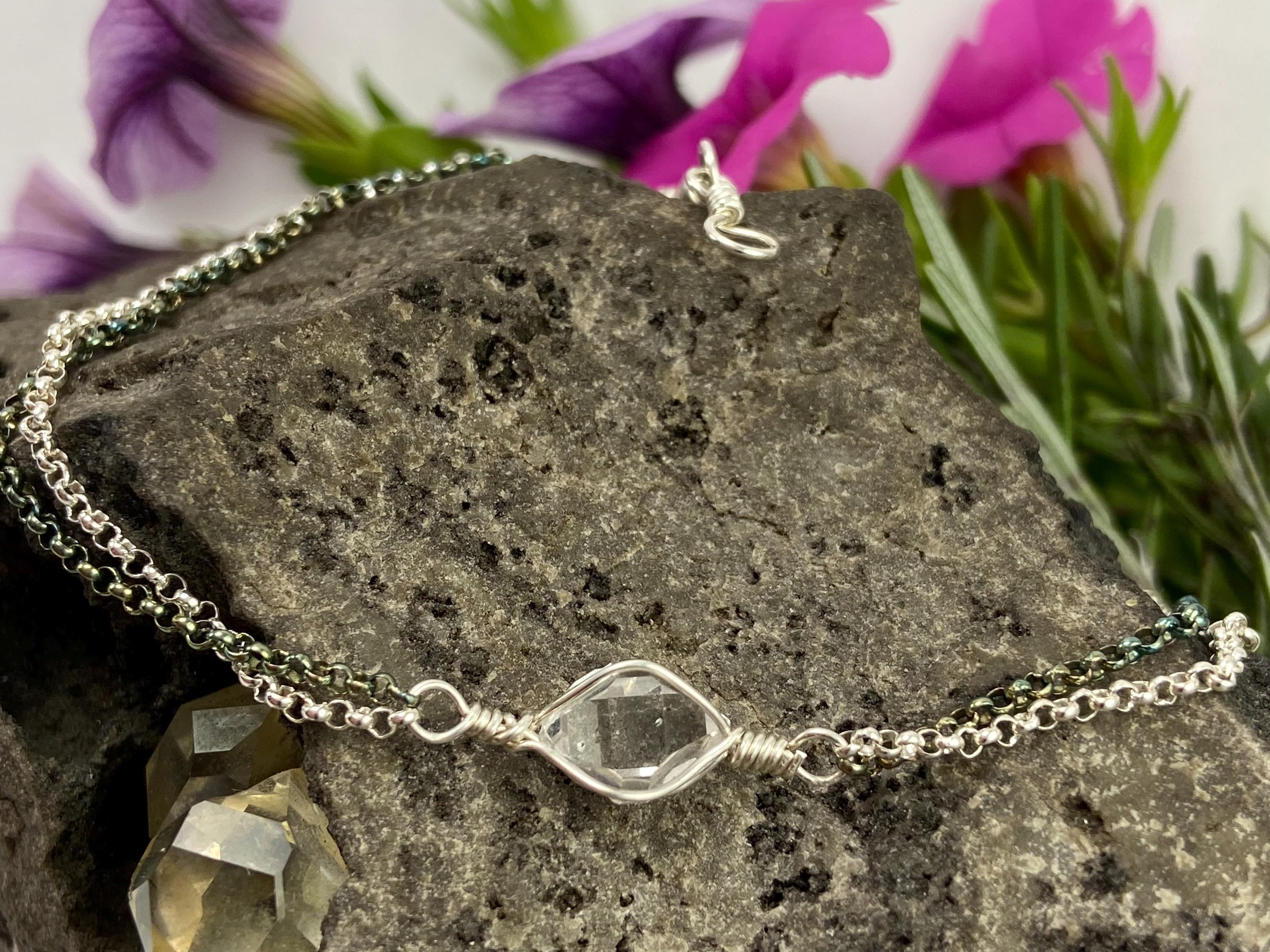 Herkimer Diamond Sterling Silver Bracelet: Two-tone Chain, Usa Handmade Herkimer Diamond Sterling Silver Bracelet: Two-tone Chain, Usa Handmade