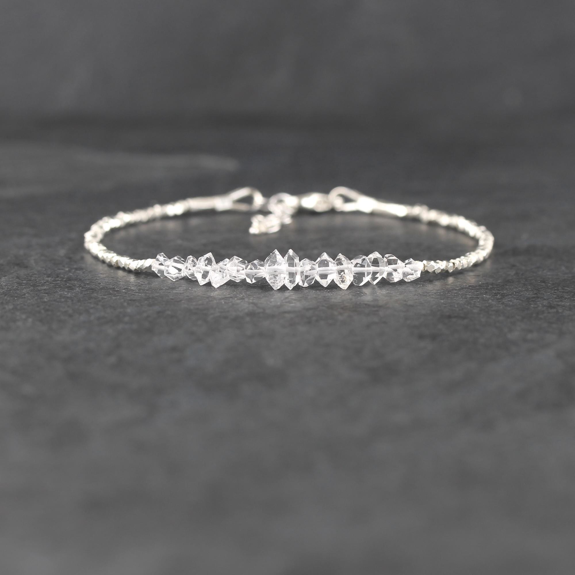 Herkimer Diamond & Sterling Silver Bracelet With Dainty Karen Hill Tribe Fine Silver Faceted Beads, Natural Clear Quartz Crystal Herkimer Diamond & Sterling Silver Bracelet With Dainty Karen Hill Tribe Fine Silver Faceted Beads, Natural Clear Quartz Crystal