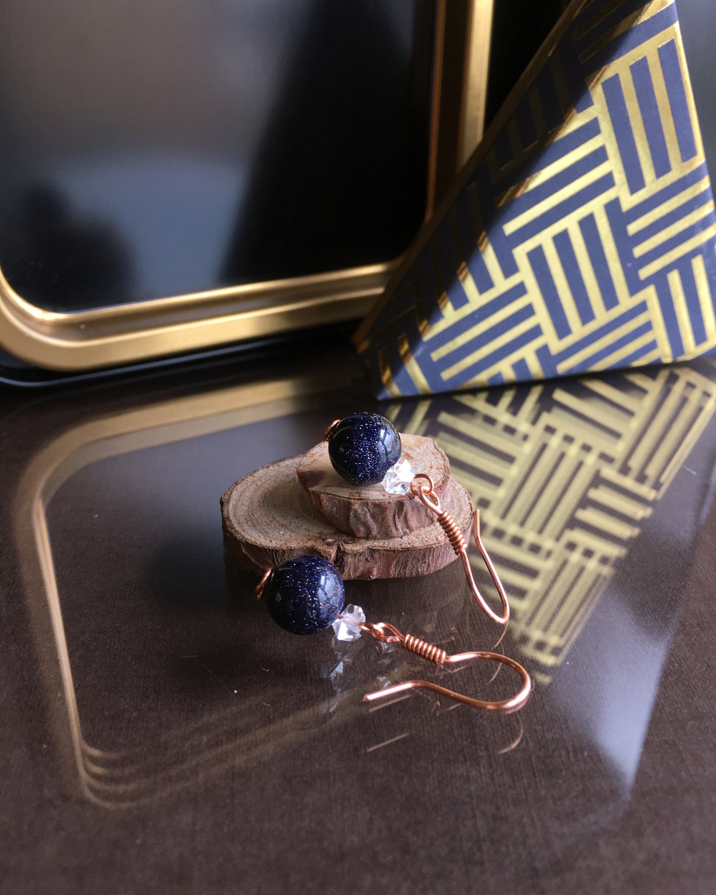 Blue Goldstone And Herkimer Diamond Copper Earrings