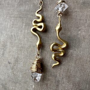 Brass Snake Earrings, Herkimer Diamond Earring, Wire Wrapped Boho Jewelry, Dangle Earrings, Asymmetrical Jewelry, Daniellerosebean
