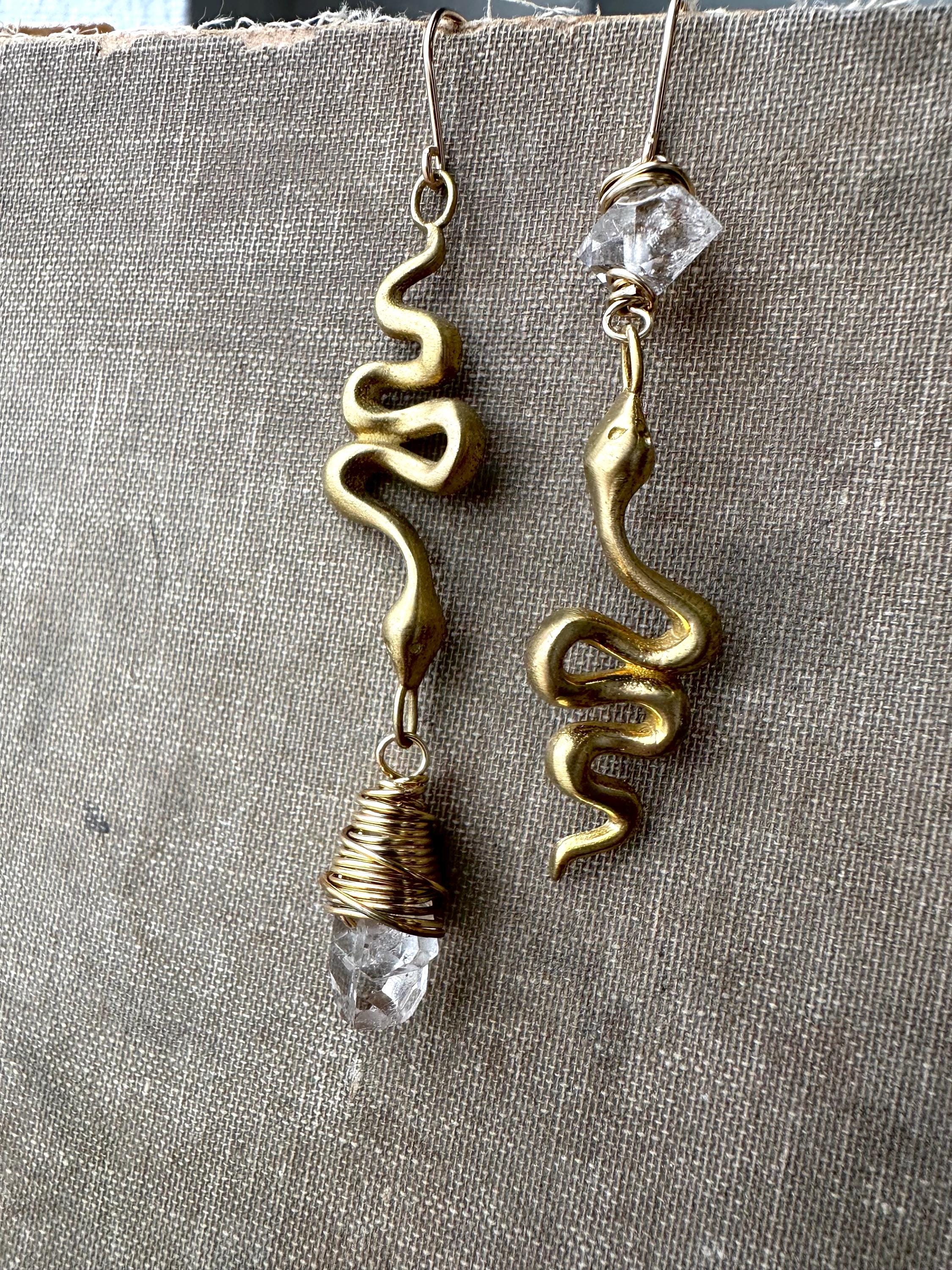 Brass Snake Earrings, Herkimer Diamond Earring, Wire Wrapped Boho Jewelry, Dangle Earrings, Asymmetrical Jewelry, Daniellerosebean