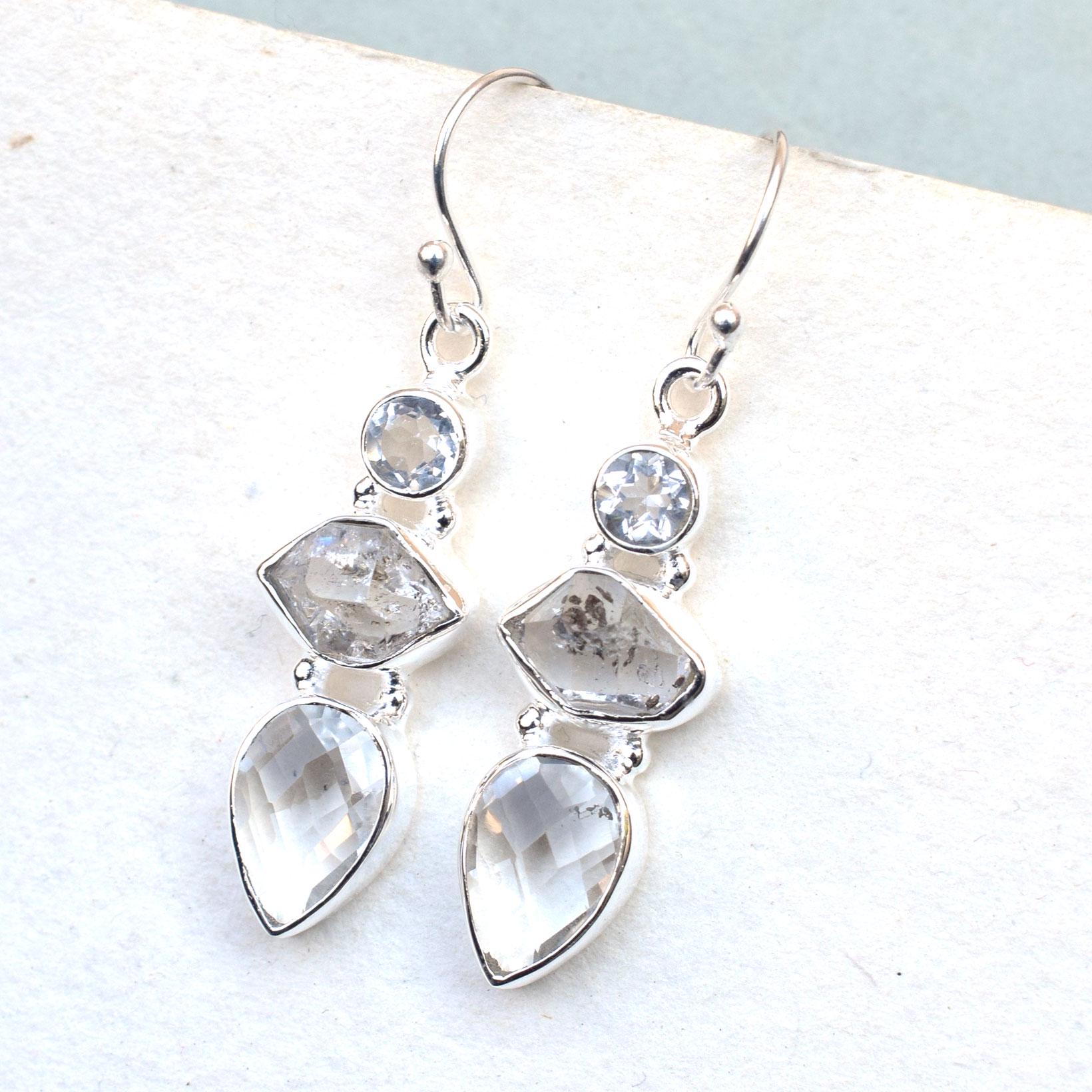 Herkimer Diamond & Crystal Quartz Earrings: Handmade Sterling Silver Gemstone