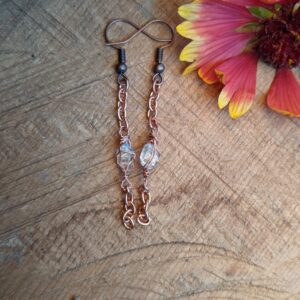 Herkimer Diamond Dangle Earrings, Copper Chain Earrings, Copper Herkimer Crystal Earrings, Herkimer Jewelry, Solid Copper Herkimer Earrings