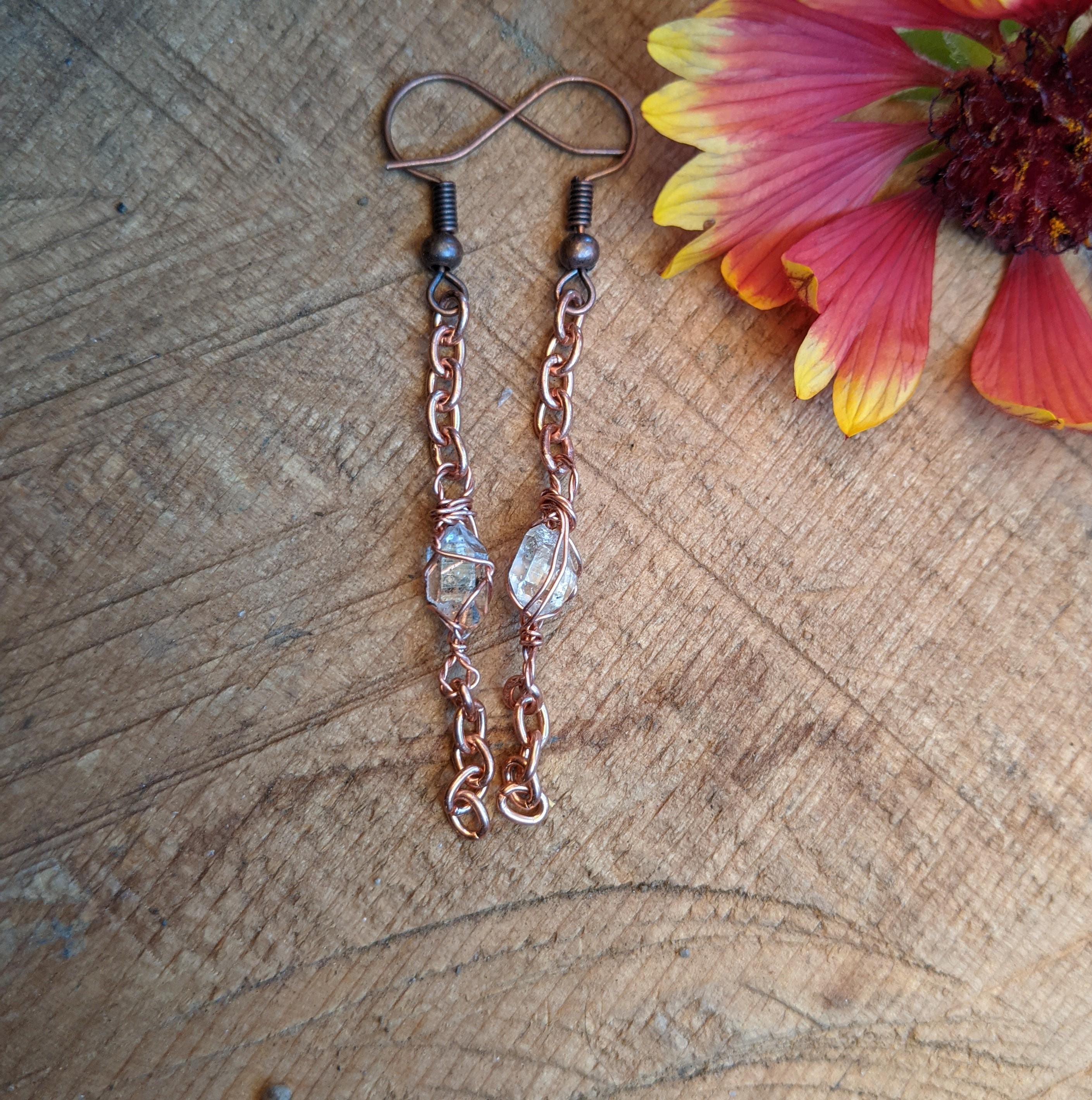 Herkimer Diamond Dangle Earrings, Copper Chain Earrings, Copper Herkimer Crystal Earrings, Herkimer Jewelry, Solid Copper Herkimer Earrings