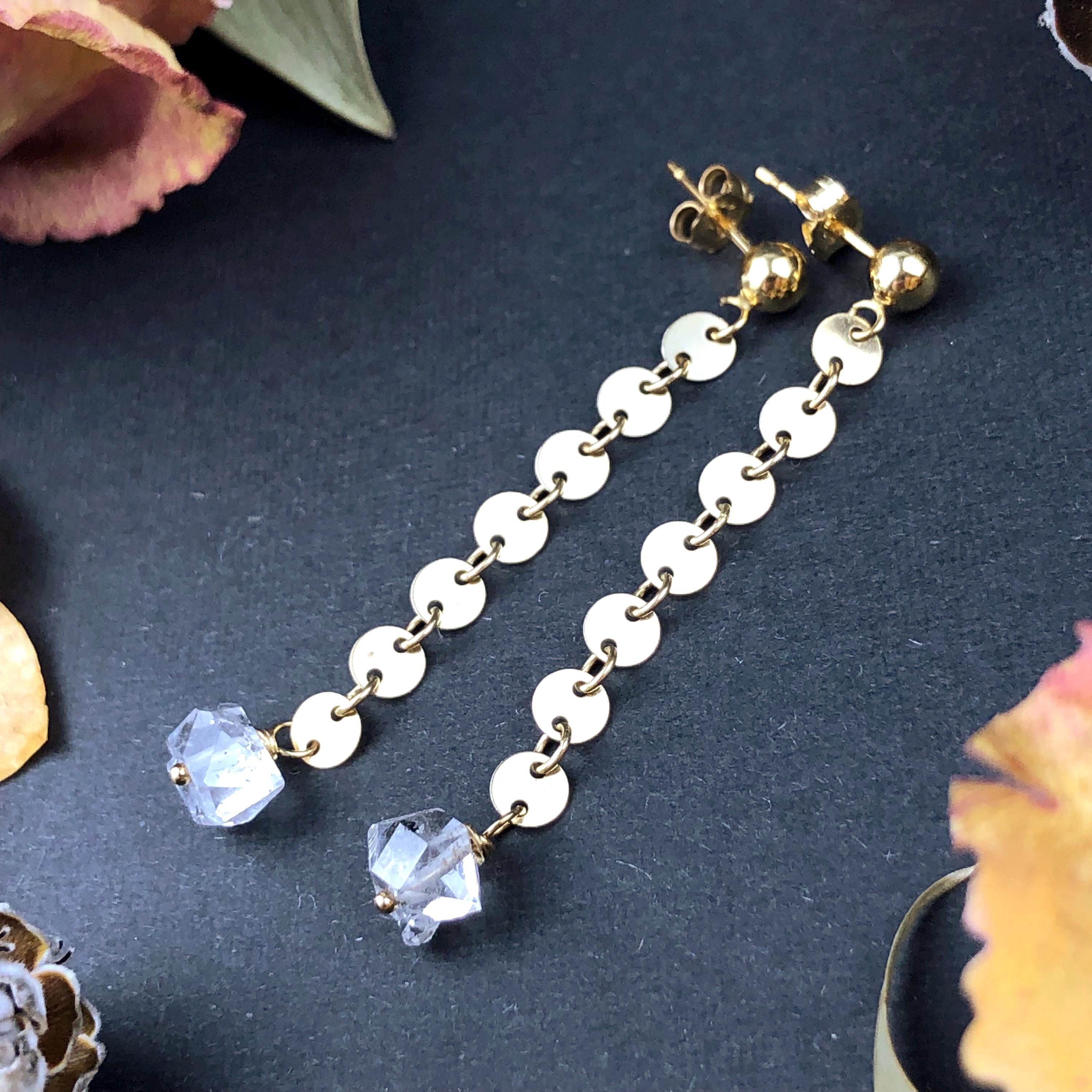 Herkimer Diamond Dangle Earrings, Gold Filled Mini Sequin Disc Chain Long Drops With Post Ear Wires, Handmade Gift 8308
