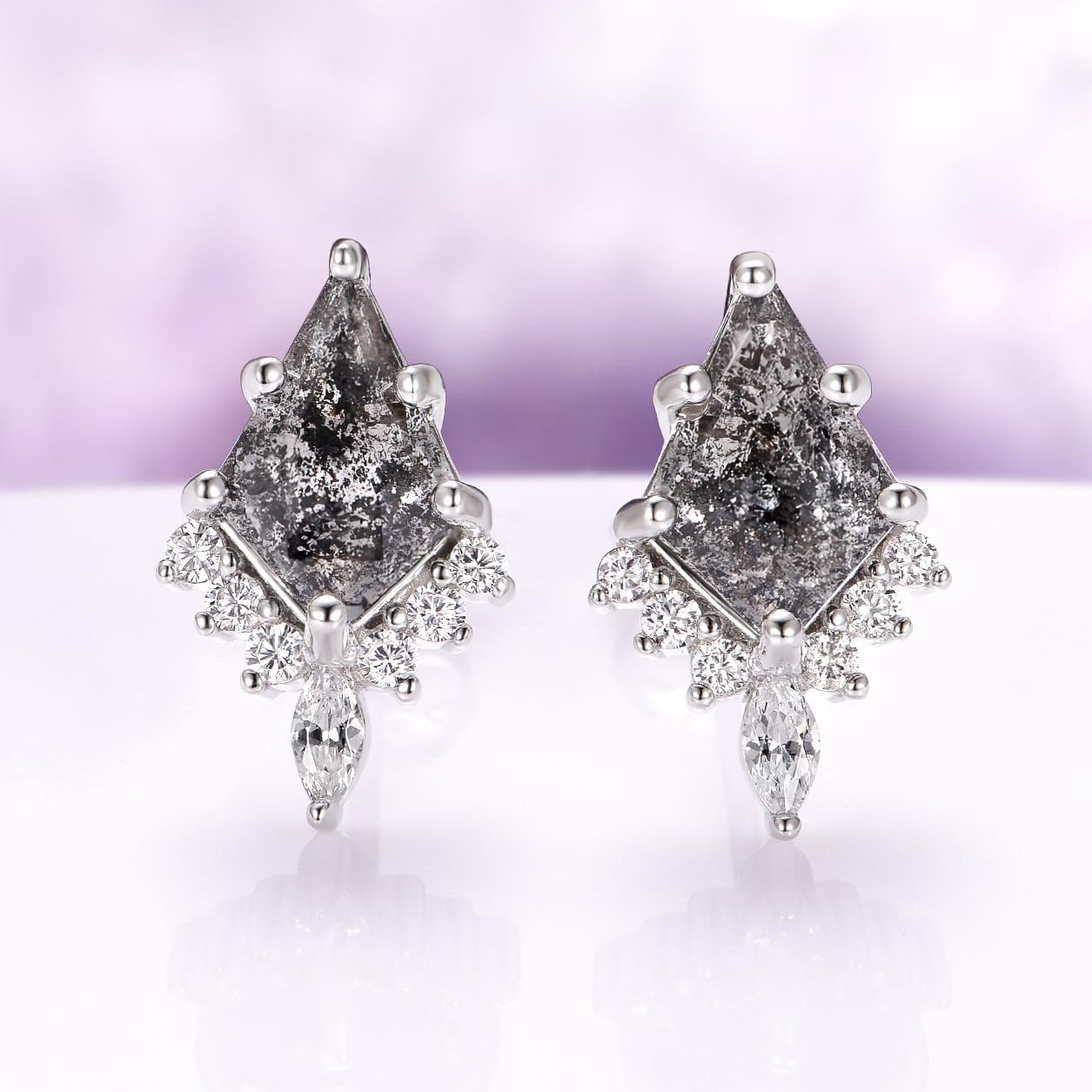 Galaxy Raw Salt & Pepper Diamond  Earrings For Women 925 Sterling Silver Kite Herkimer Diamond Studs Unique Jewelry Anniversary Gift For Her