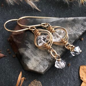 Herkimer Diamond Earrings Gold Filled Wire Wrapped Natural Gemstone Bohemian Dangle Drops April Birthstone Birthday Mothers Day Gift 6019