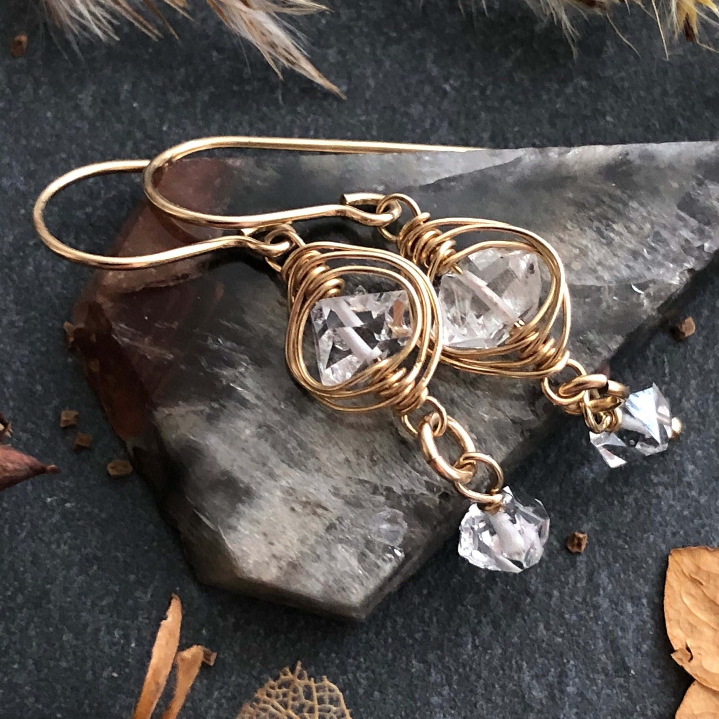 Herkimer Diamond Earrings Gold Filled Wire Wrapped Natural Gemstone Bohemian Dangle Drops April Birthstone Birthday Mothers Day Gift 6019