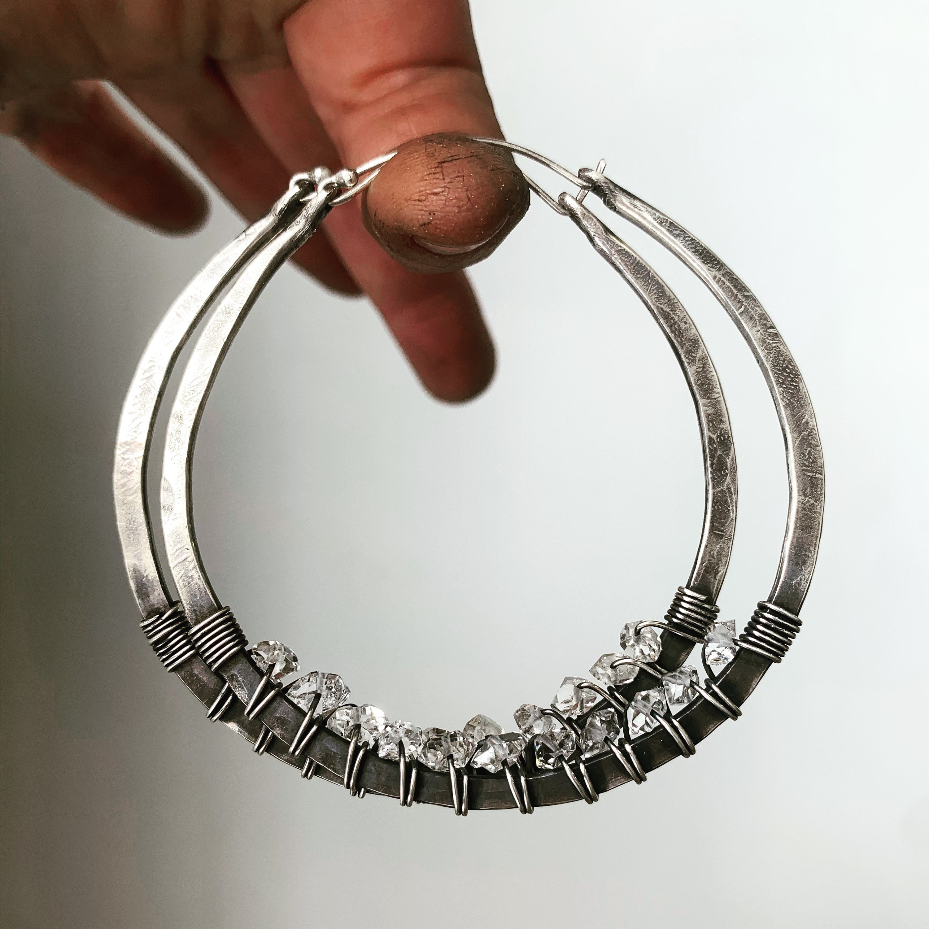 Hammered Sterling Silver Hoop Earrings With Herkimer Diamonds