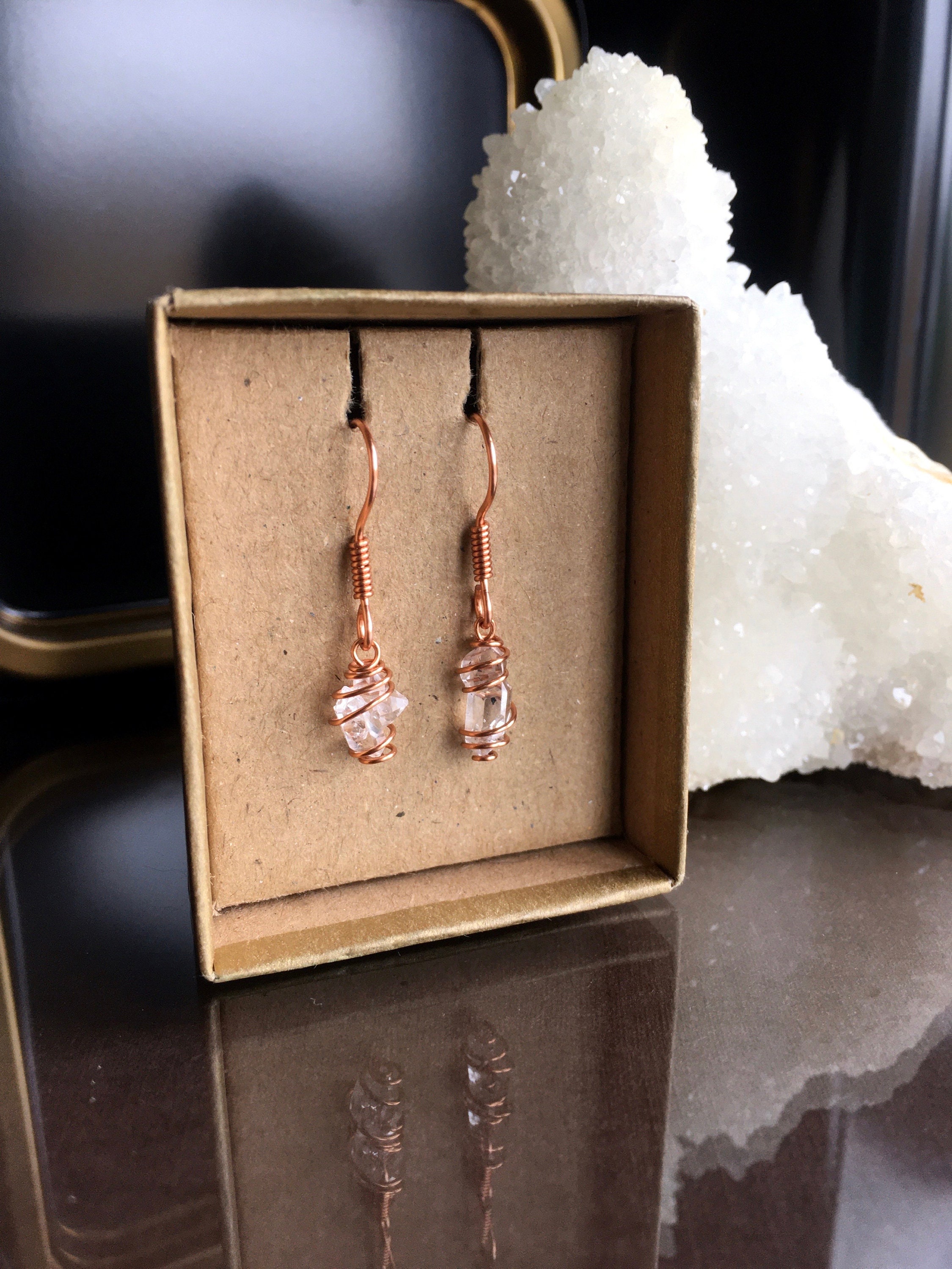 Herkimer Diamond Earrings, Handmade Gift Box, 29mm Drop