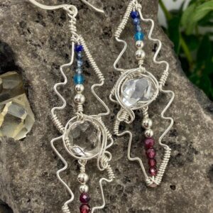 Handmade Sterling Silver Lightning Bolt Earrings: Ny Herkimer Diamond Crystal & Gemstones