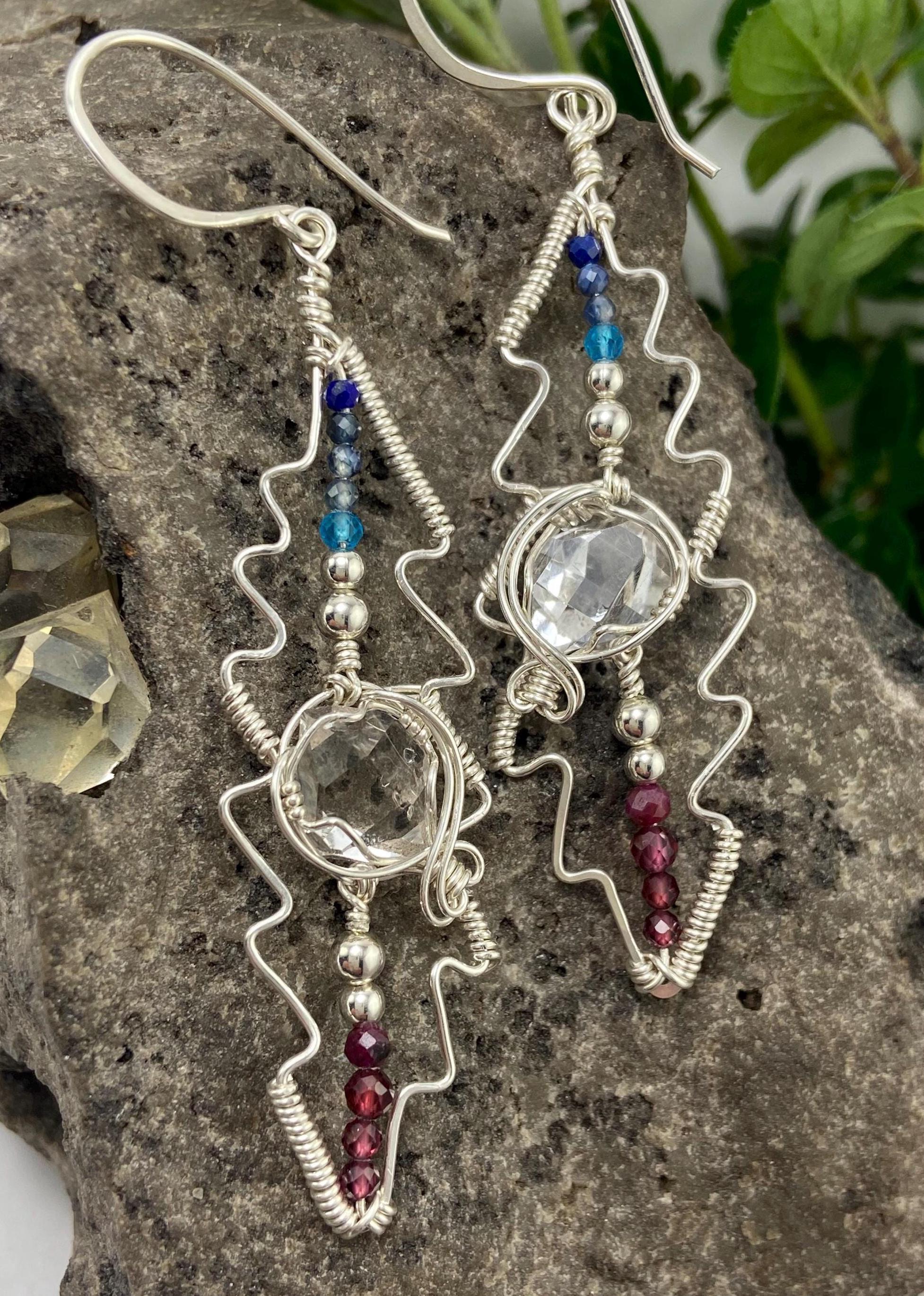 Handmade Sterling Silver Lightning Bolt Earrings: Ny Herkimer Diamond Crystal & Gemstones