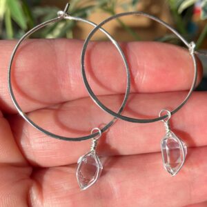 Herkimer Diamond Large Hoop Earrings: Hammered Sterling Silver, A+ Water Clear Ny Natural Double Terminated Quartz Crystal