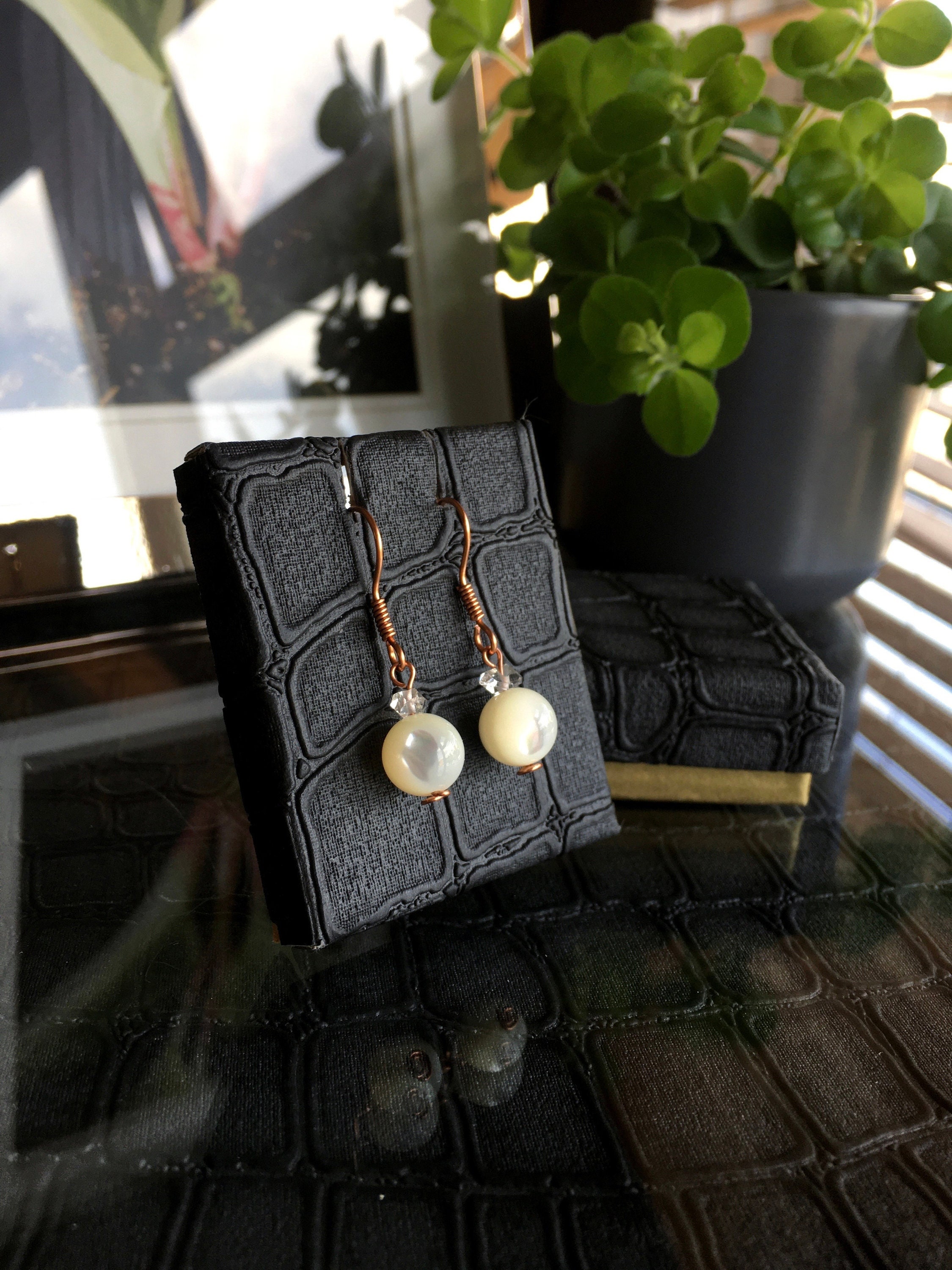 Mother Of Pearl Earrings: Herkimer Diamond & Copper Dangle Earrings