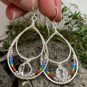 Ny Herkimer Diamond Crystal Sterling Silver Earrings: Chakra Rainbow Teardrop Hoops