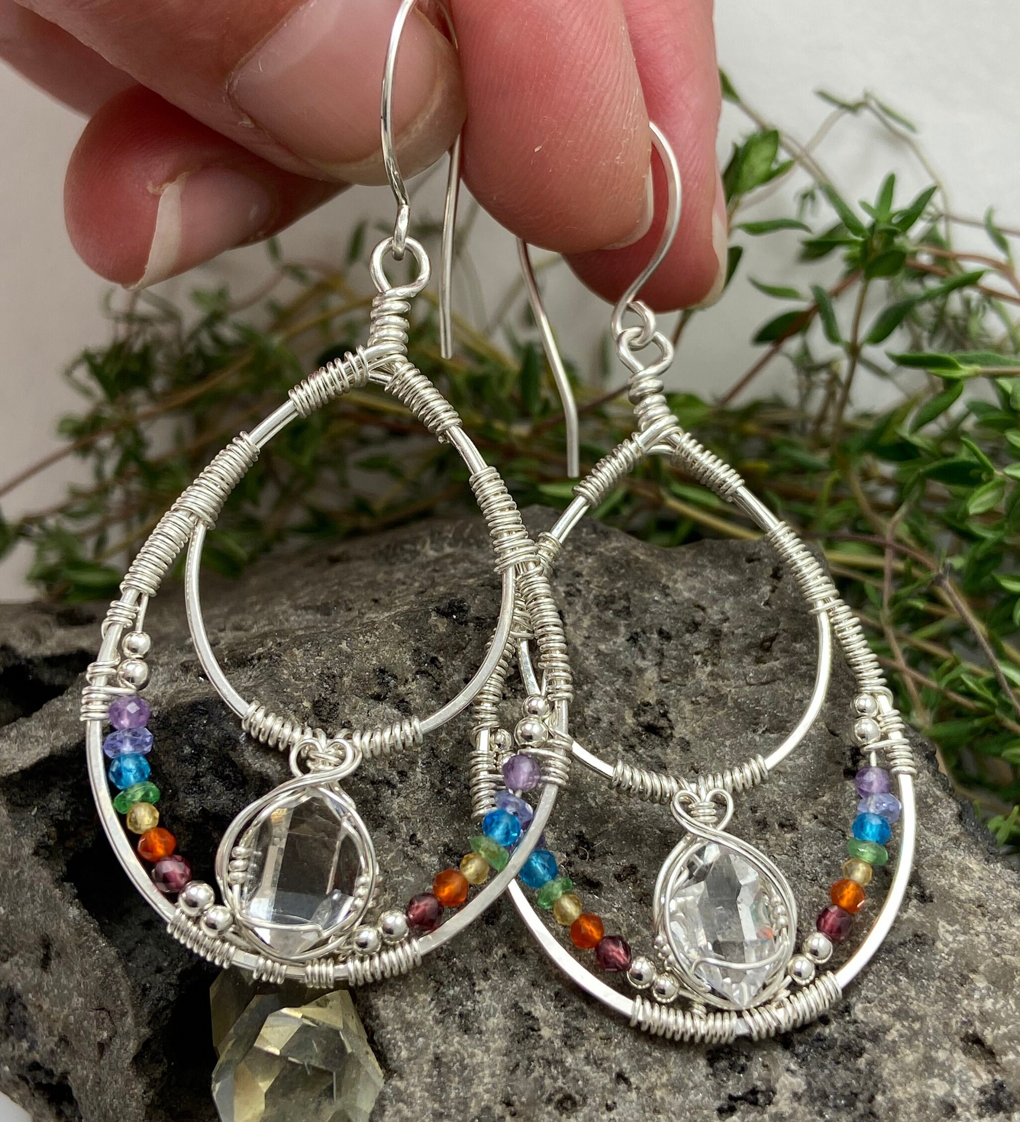 Ny Herkimer Diamond Crystal Sterling Silver Earrings: Chakra Rainbow Teardrop Hoops