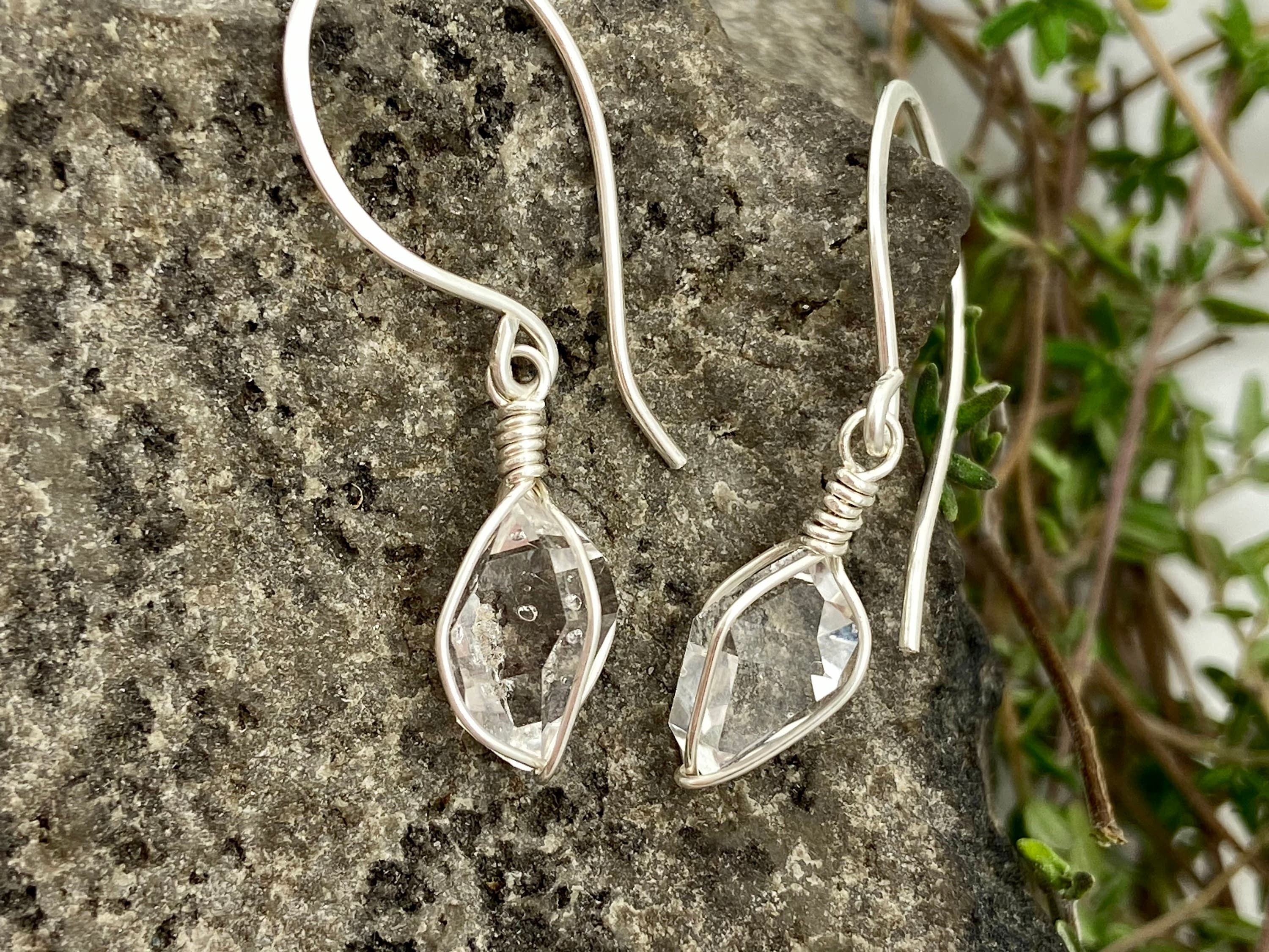 Ny Herkimer Diamond Earrings: Sterling Silver Wire Wrap, Natural Quartz Crystals