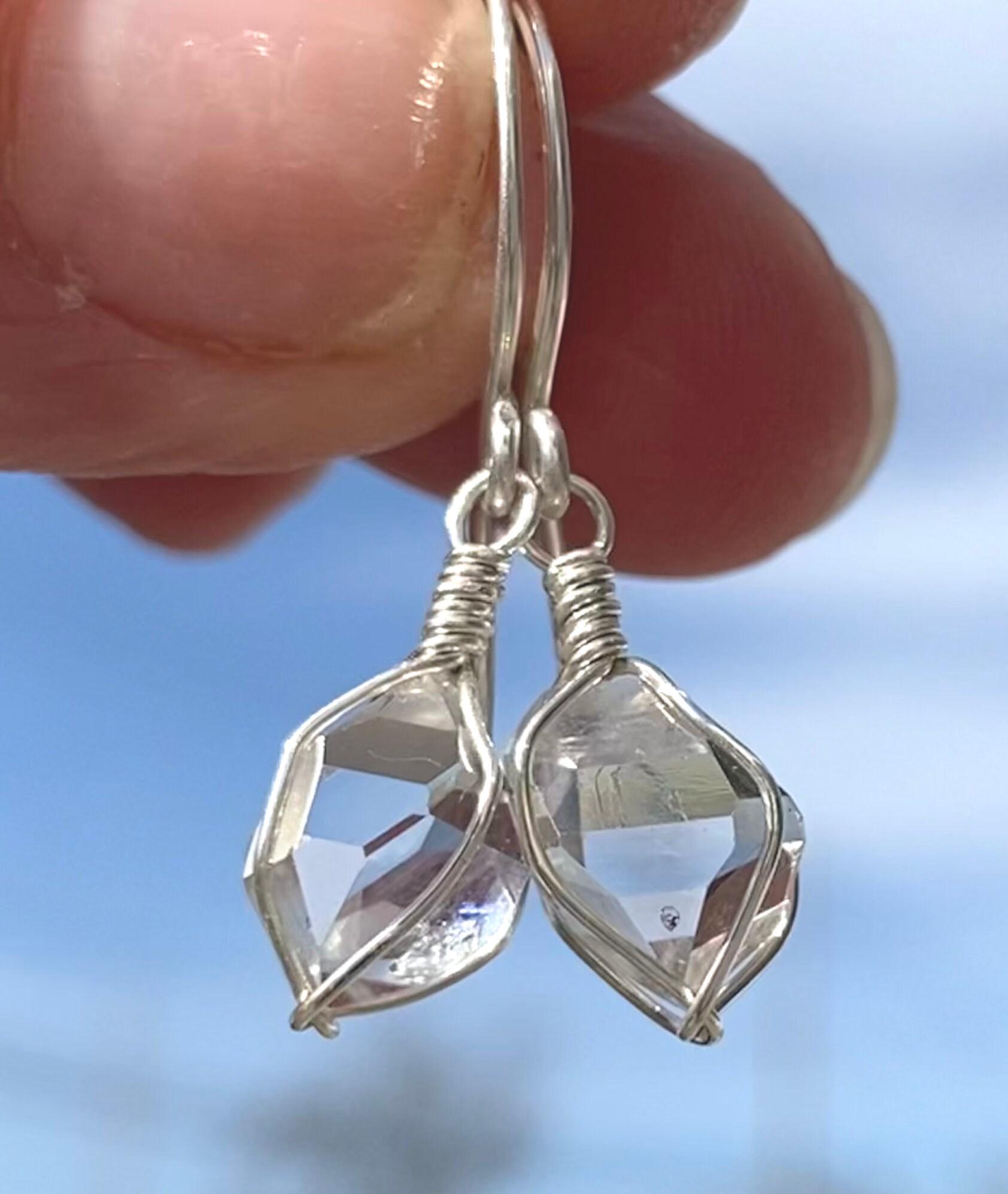 Ny Herkimer Diamond Earrings: Sterling Silver Wire Wrap, Natural Quartz Crystals