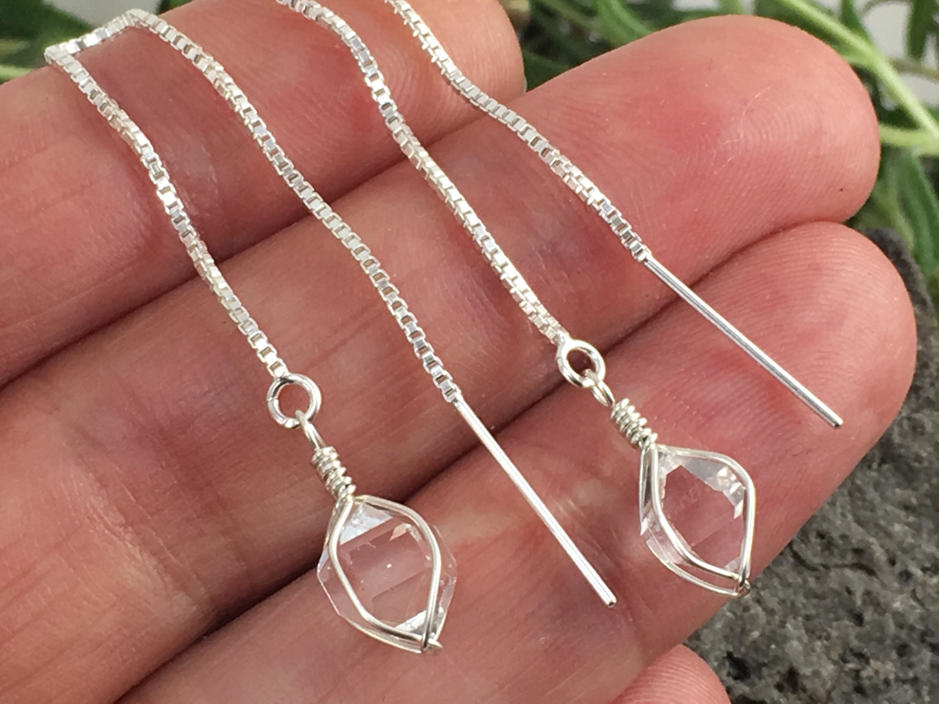 Ny Herkimer Diamond Threader Earrings: Sterling Silver Quartz Crystals