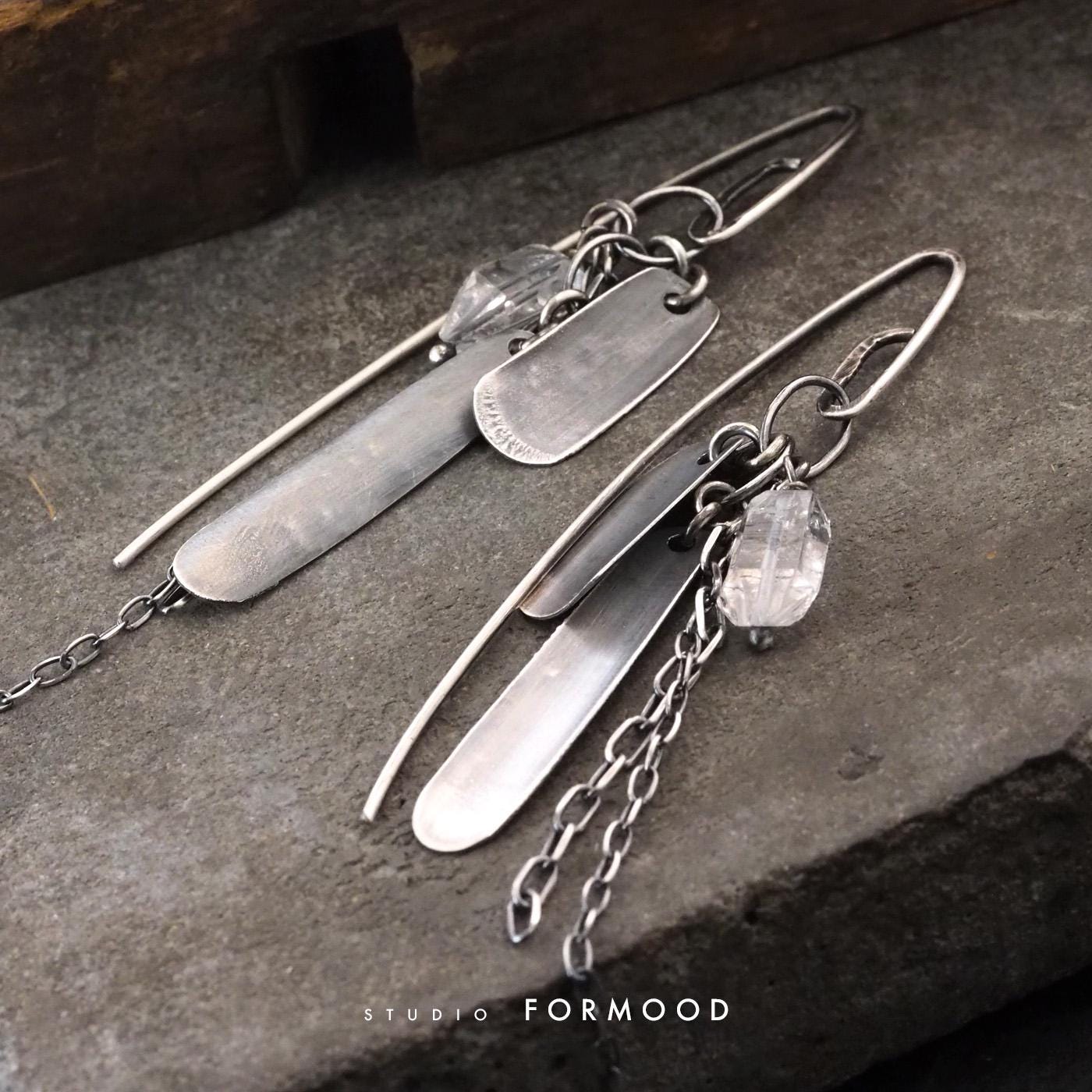 Oxidized Sterling Silver Herkimer Quartz Earrings – Raw Crystal Boho Jewelry
