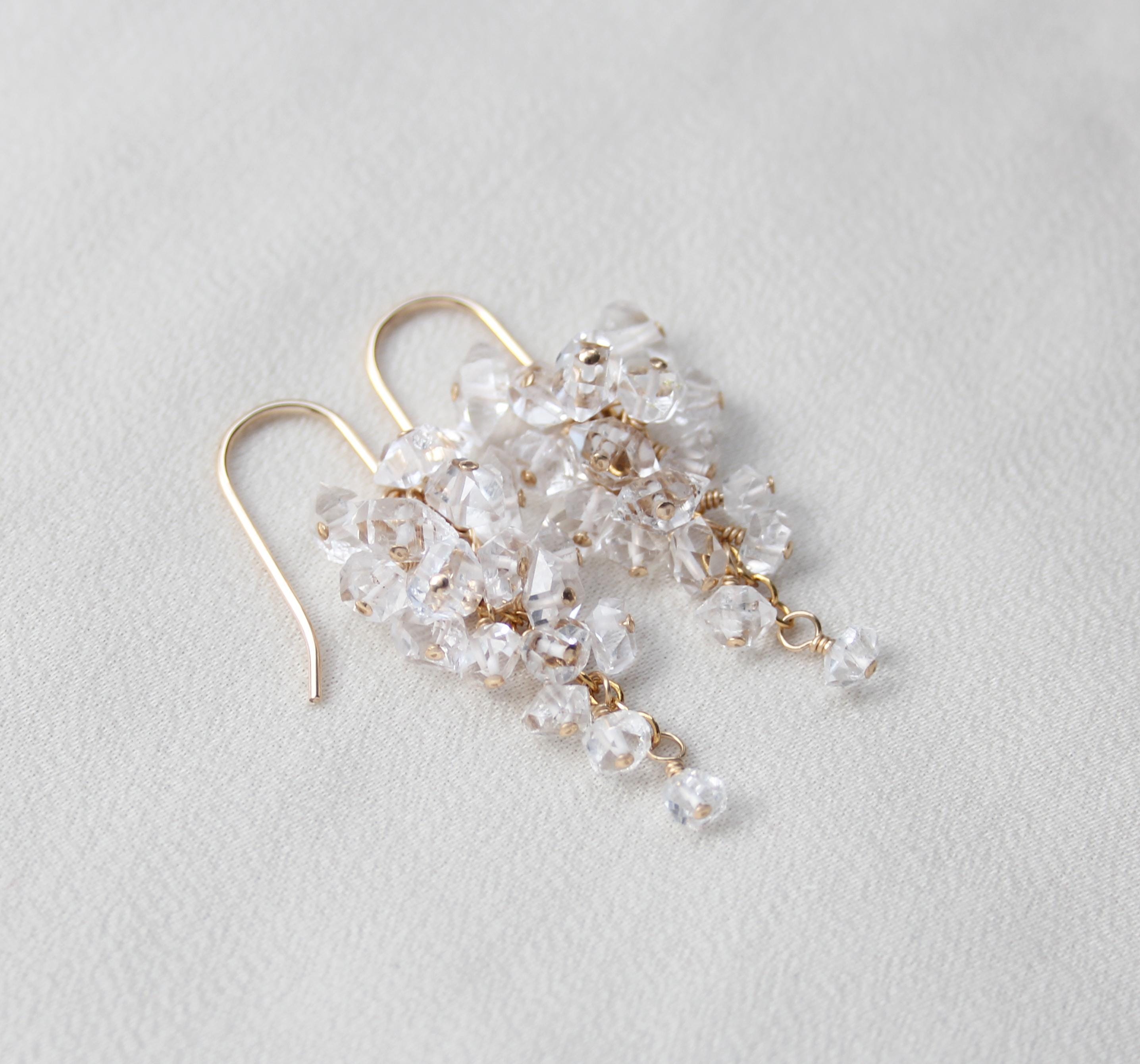 Herkimer Diamond Quartz Earrings: 14k Gold Filled, Clear Gemstone Cluster, April Birthstone